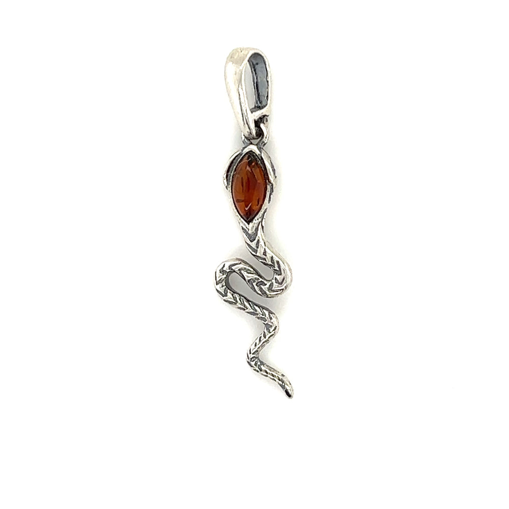 
                  
                    An Alluring Amber Snake Pendant with an orange Baltic amber stone and a snake on it.
                  
                