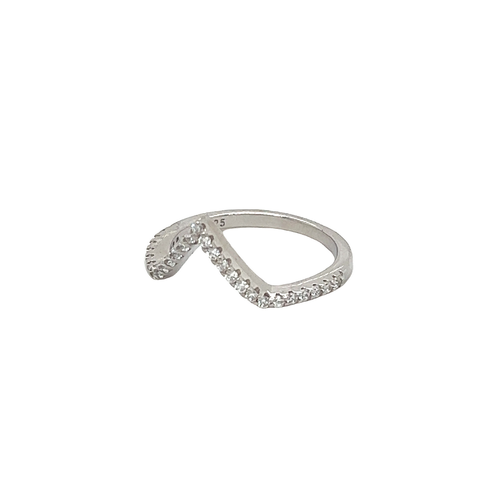 
                  
                    A Pave Set Cubic Zirconia Chevron Ring with a unique wave-like design, crafted from .925 Sterling Silver and encrusted with small white stones on one side. This elegant piece combines the timeless appeal of an eternity ring with a touch of modern sophistication.
                  
                