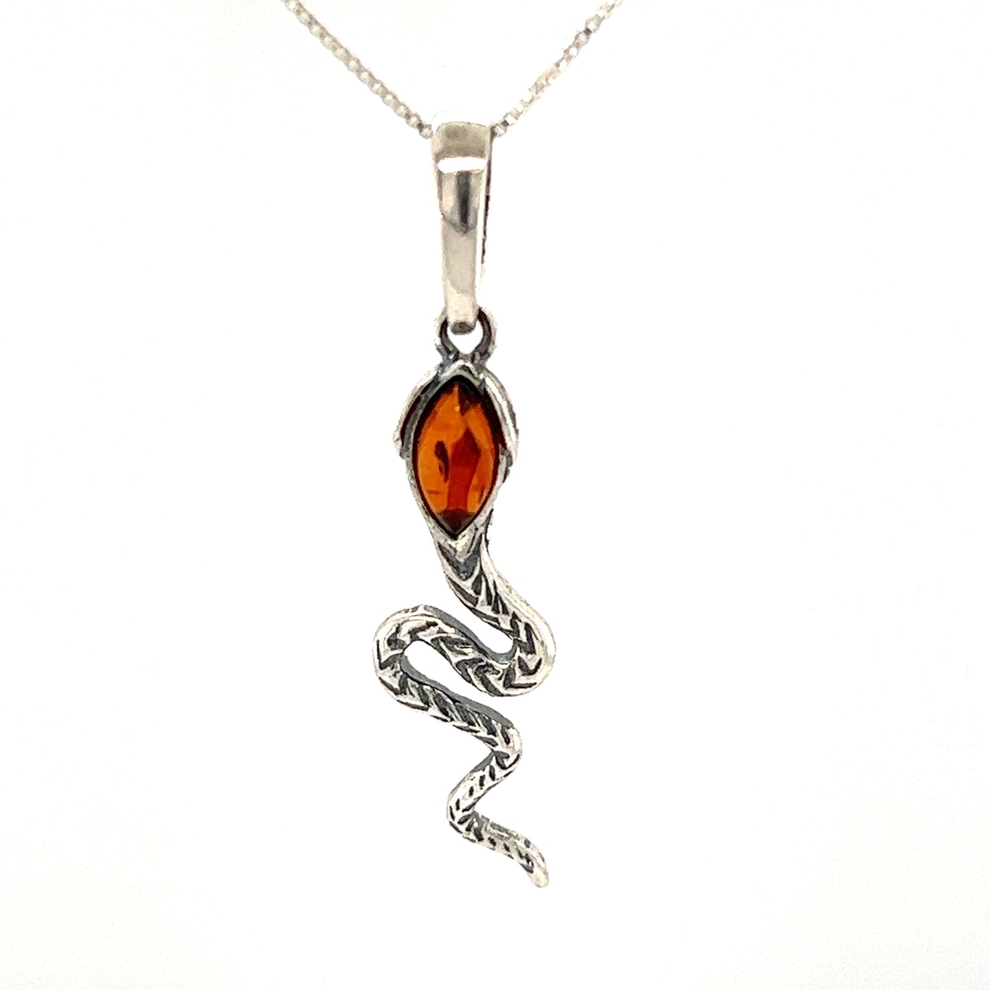 An Alluring Amber Snake Pendant made by Super Silver, featuring an orange stone.