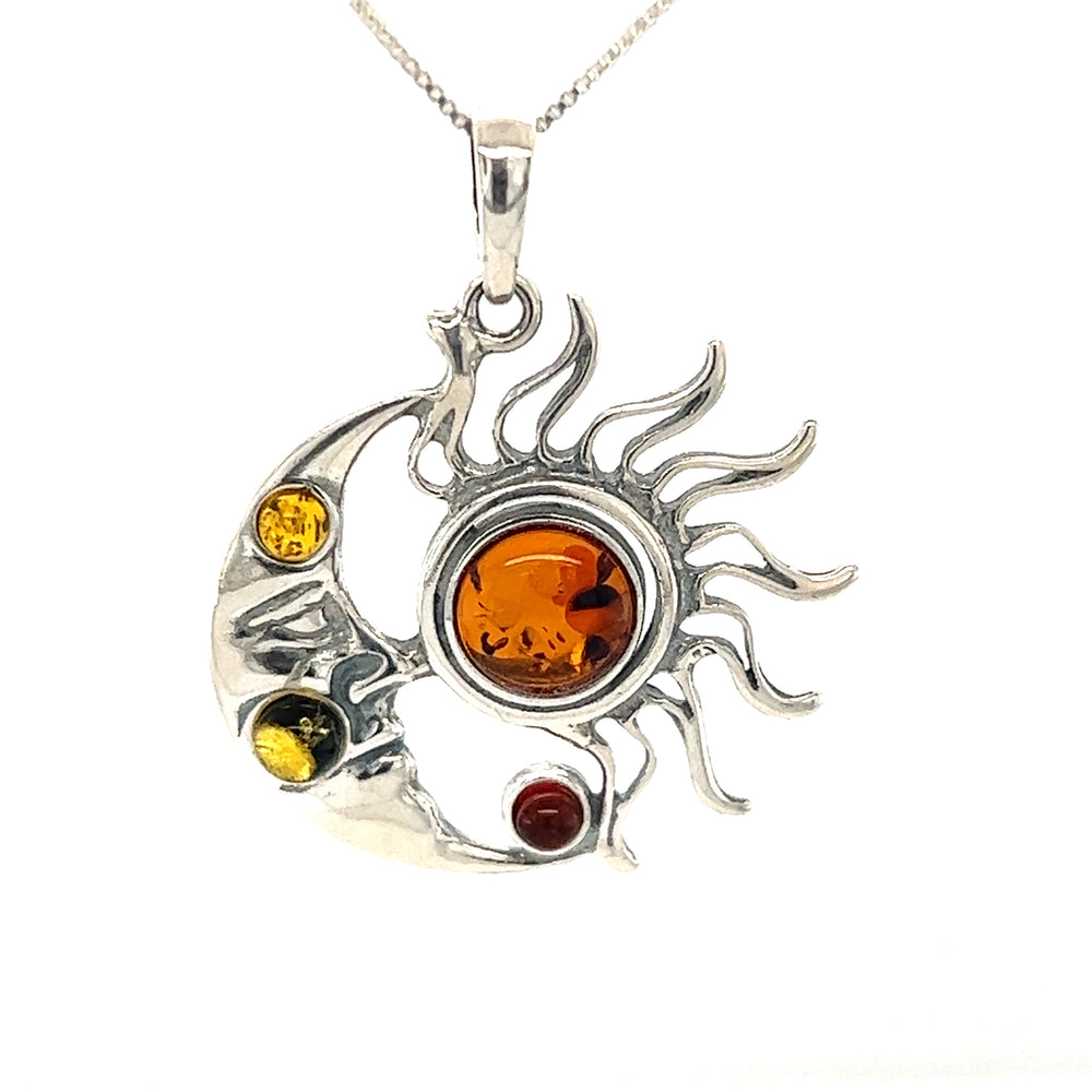 A stunning Super Silver pendant adorned with a beautifully crafted Magical Sun and Moon Amber, showcasing the celestial bodies in perfect harmony.