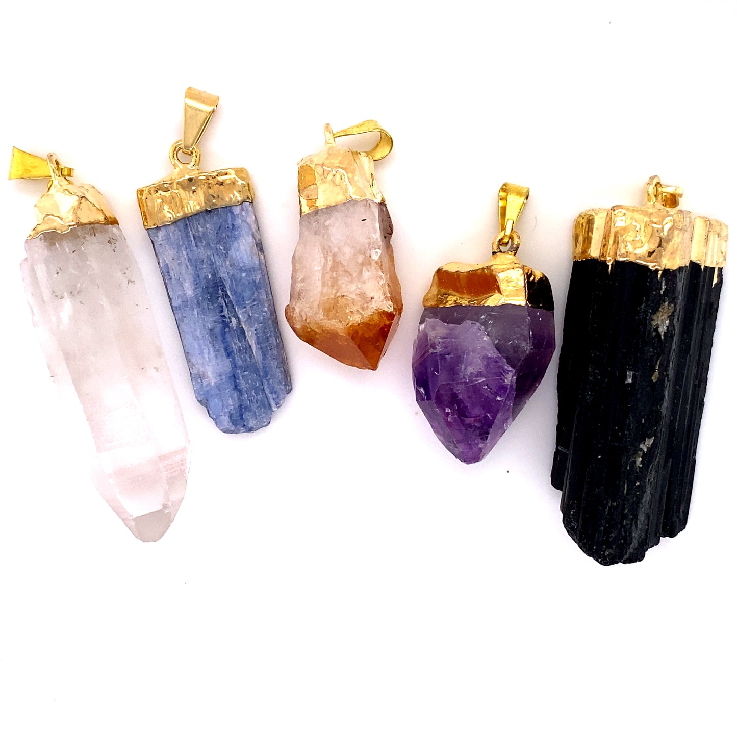 Four various types of Super Silver Raw Crystal Pendants with Gold Cap, including raw crystal options.