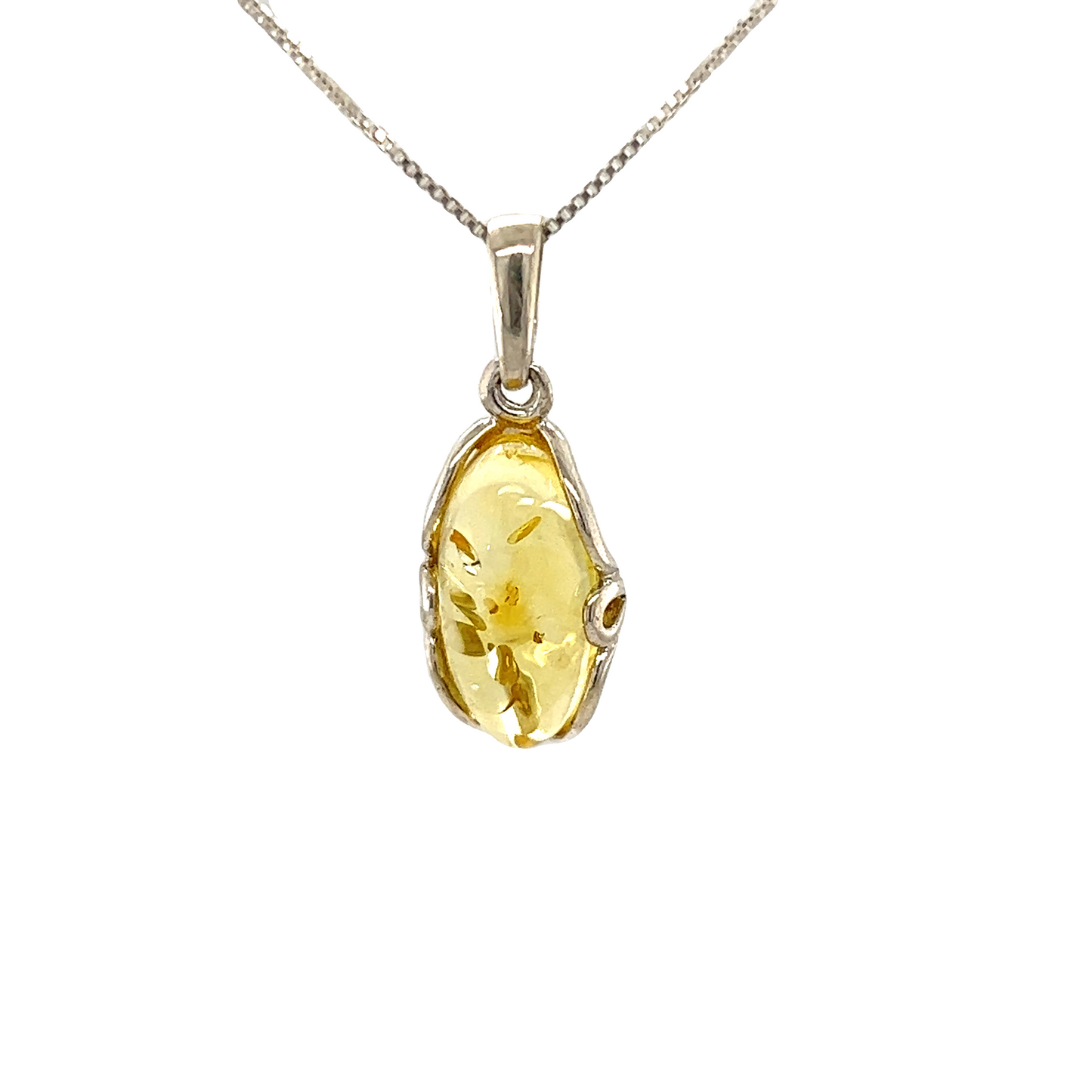 
                  
                    A Super Silver Charming Oval Amber Pendant on a vintage chain.
                  
                