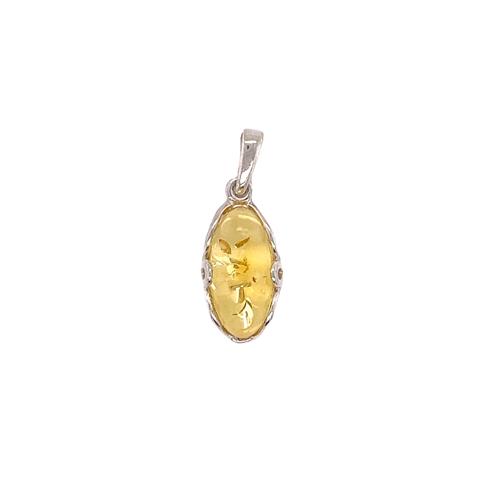 
                  
                    A Super Silver Charming Oval Amber Pendant with a sparkling stone, on a white background.
                  
                
