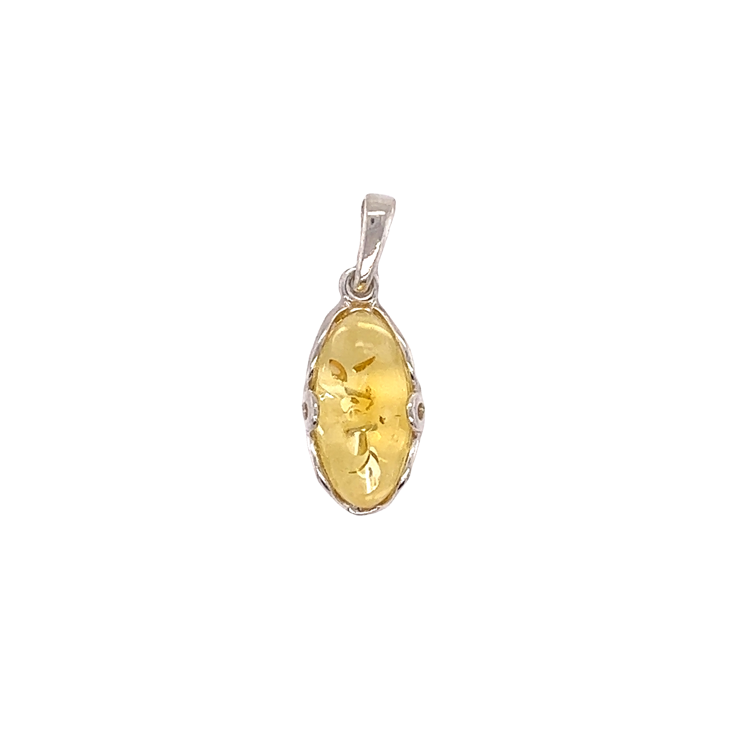 A Super Silver Charming Oval Amber Pendant with a sparkling stone, on a white background.
