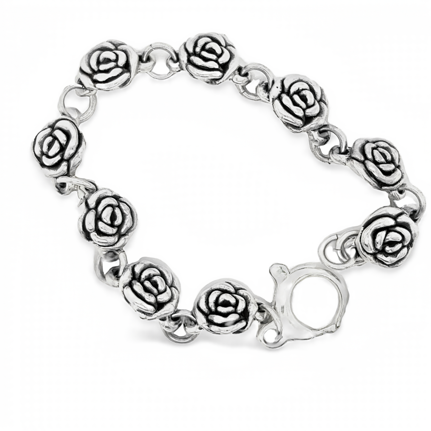 A Chic Link Rose Bracelet, a floral piece adorned with delicate roses in Super Silver.