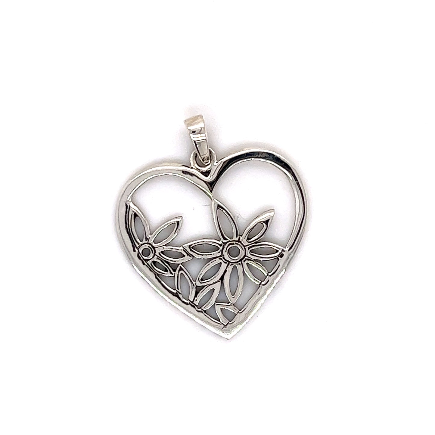 A Super Silver heart pendant with exquisite flower detailing, inspired by the beauty of nature.