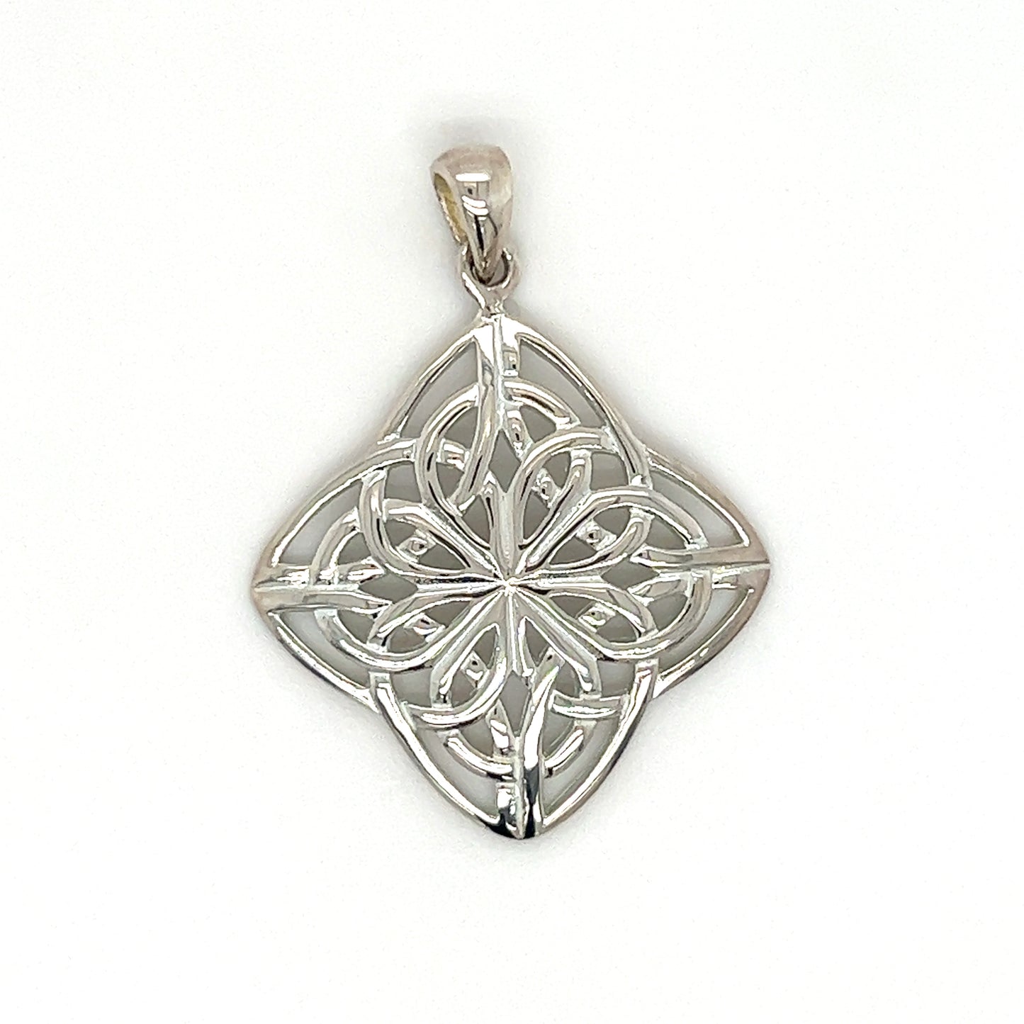 A Square Celtic Knot Pendant made of sterling silver, showcasing intricate symbolism by Super Silver.