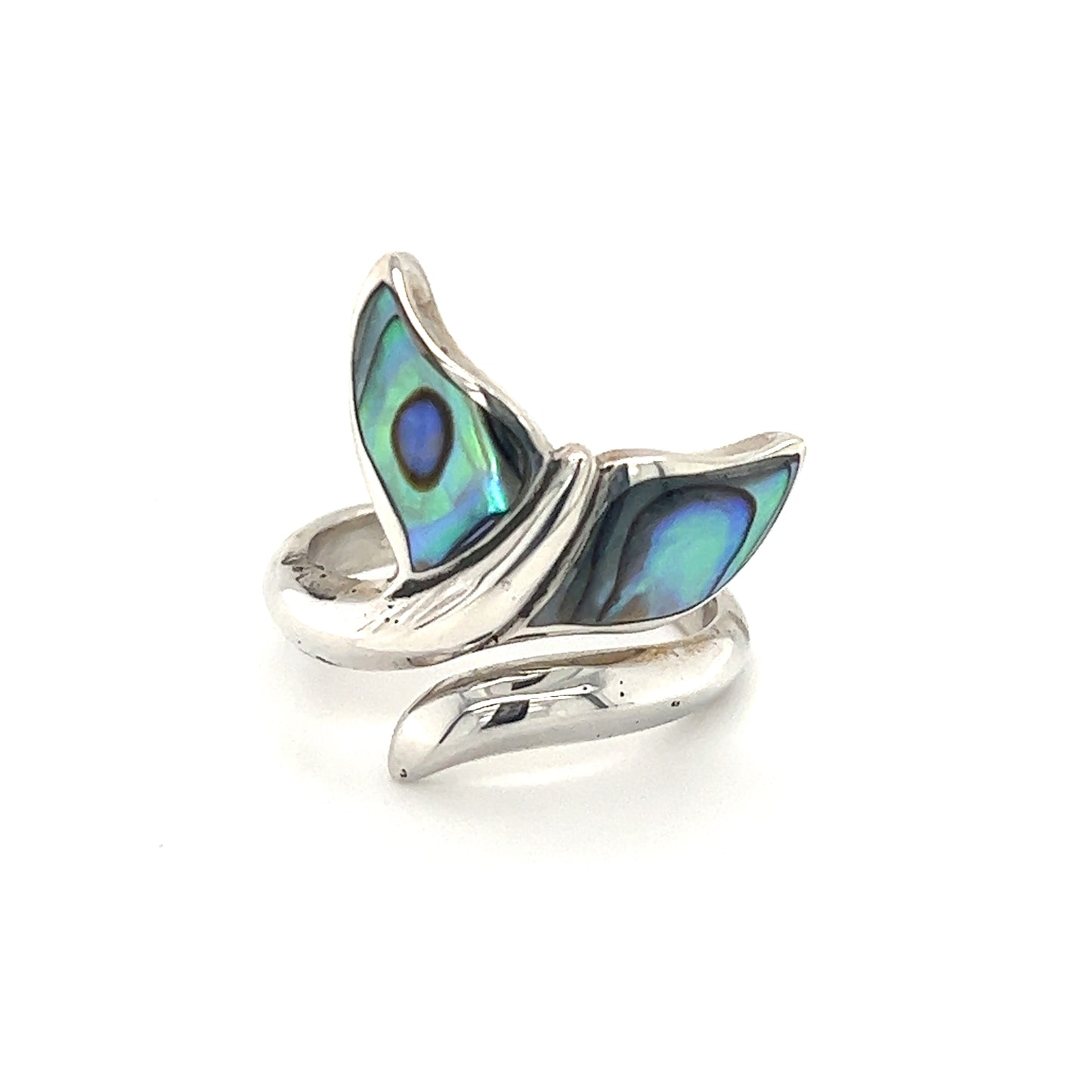 A Refreshing Adjustable Abalone Whale Tail Ring adorned with an abalone shell, reminiscent of the ocean's vibrant colors.
