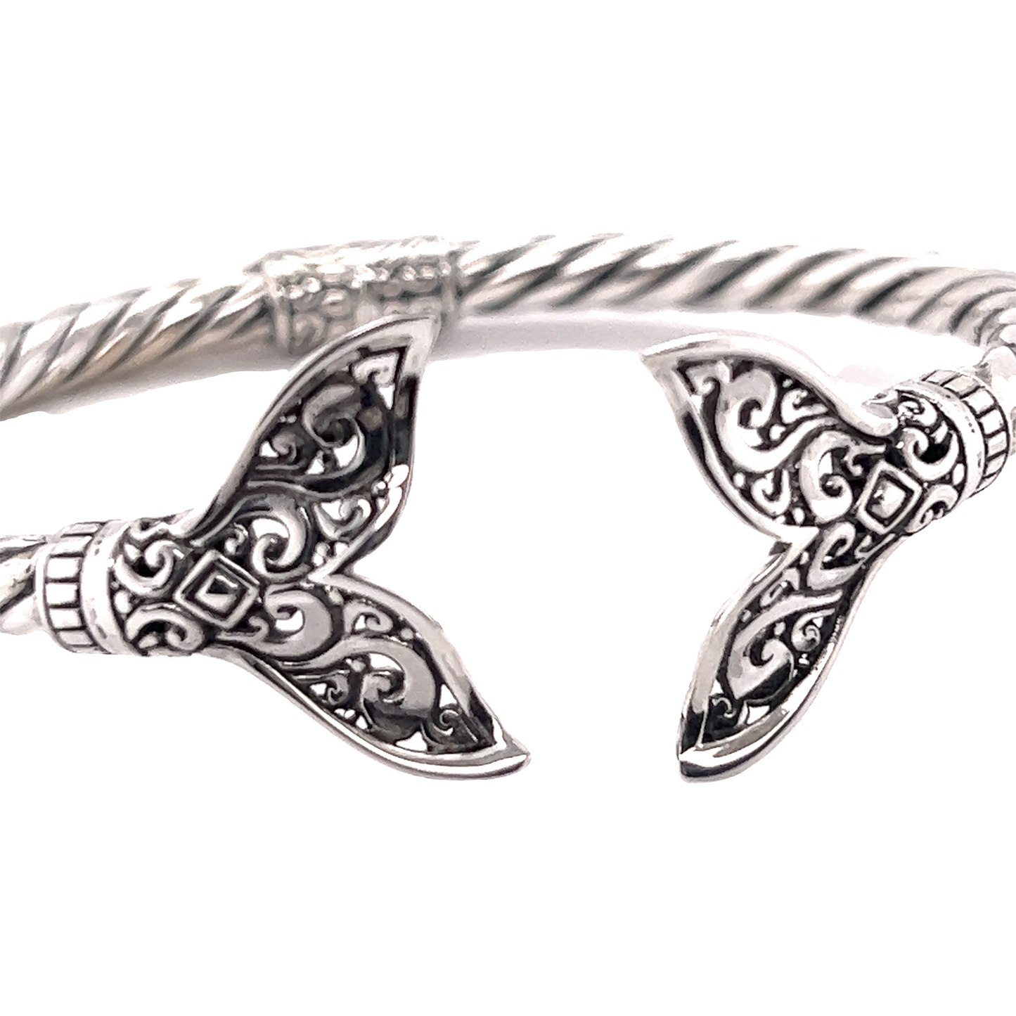 Super Silver's Majestic Full Filigree Whale Tail Cuff Bracelet, inspired by the enchanting ocean of Santa Cruz.
