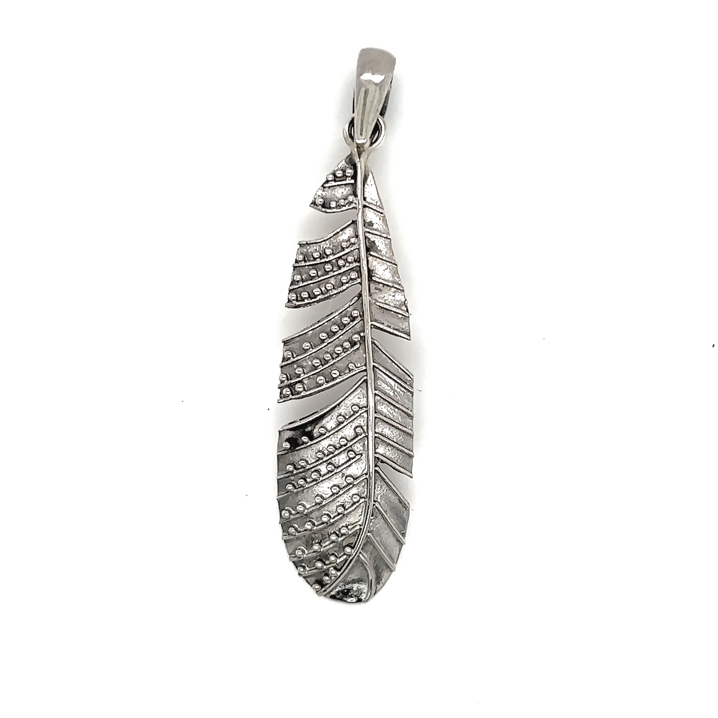 
                  
                    A Super Silver rustic vibe silver feather pendant, which serves as a stunning accent piece adorned with diamonds.
                  
                