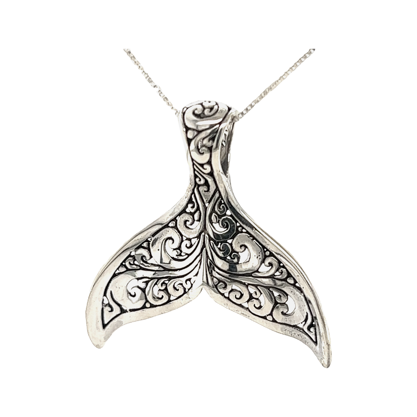 This Super Silver Stunning Full Filigree Whale Tail Pendant showcases intricate ocean-inspired designs.