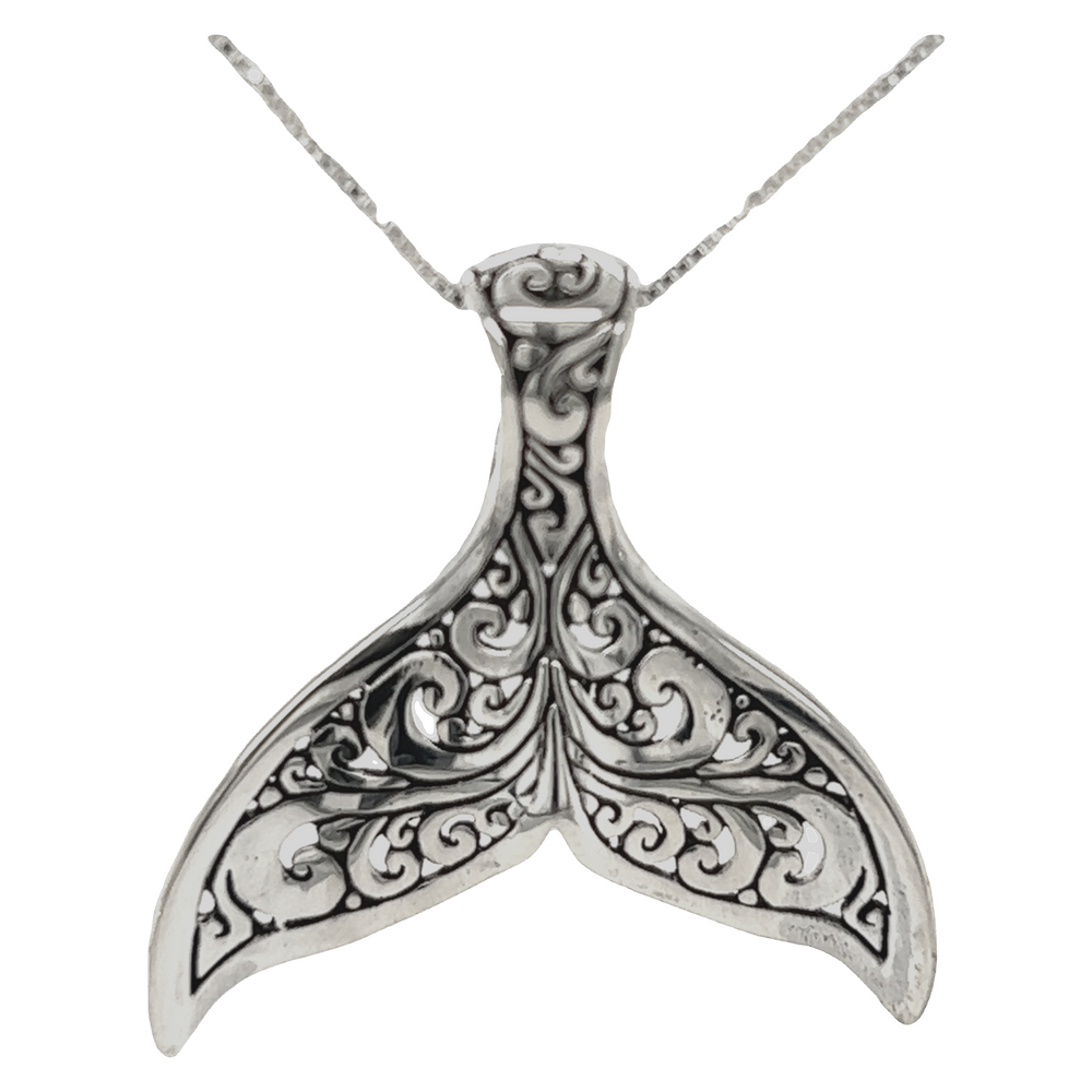 
                  
                    A Stunning Full Filigree Whale Tail Pendant on a chain, inspired by the ocean in Santa Cruz, created by Super Silver.
                  
                