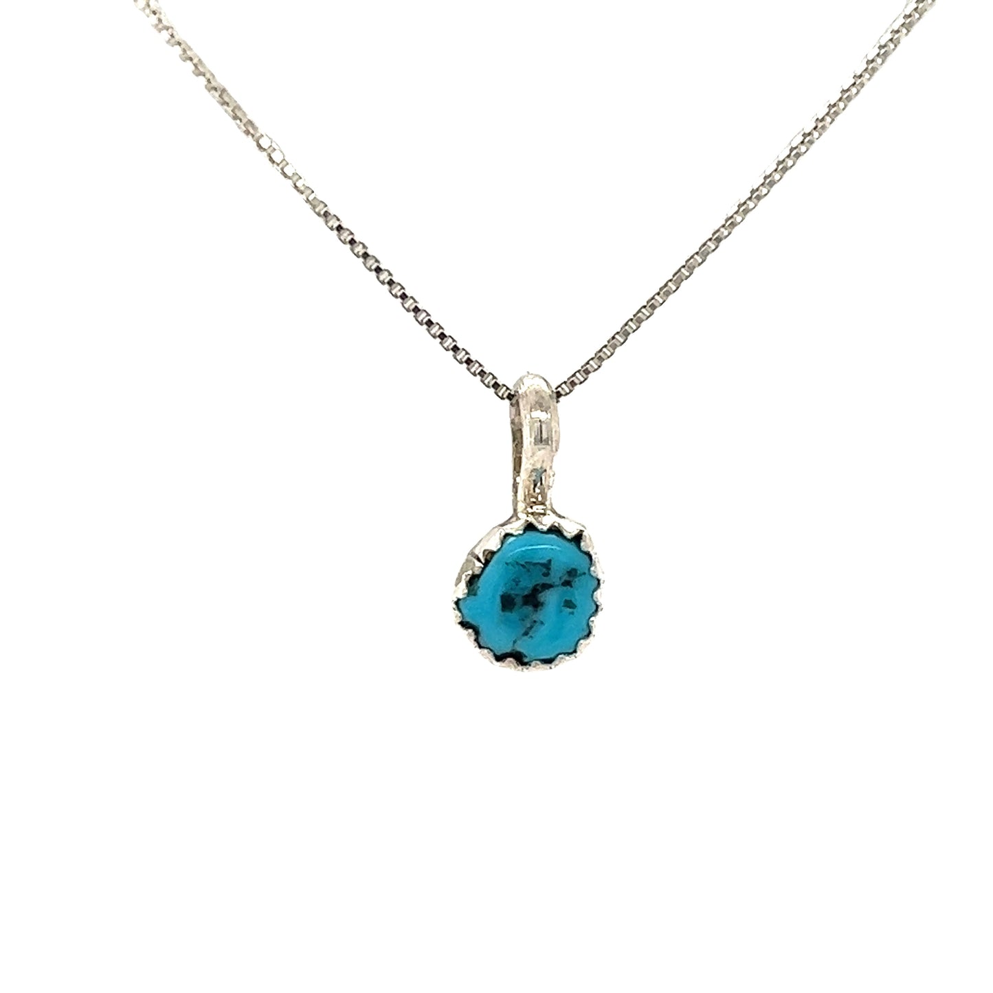 
                  
                    A Super Silver jewelry featuring a Teeny Tiny Native American Turquoise Nugget Pendant on a silver chain.
                  
                