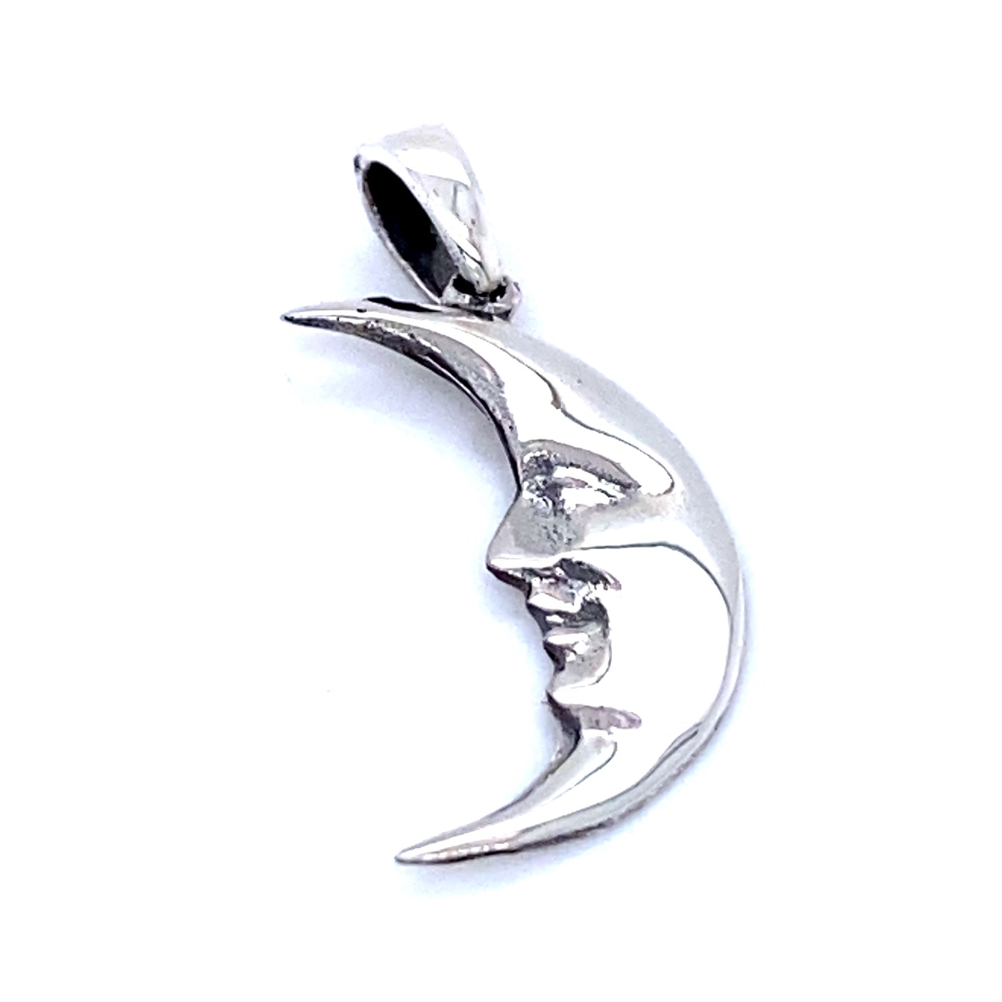 A Super Silver Crescent Man In The Moon Pendant with a face on it.