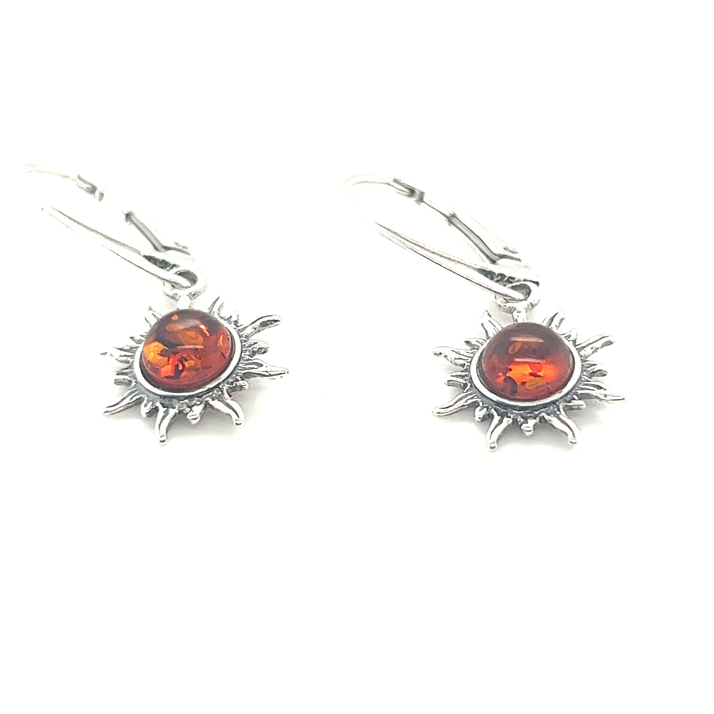 
                  
                    A pair of Brilliant Baltic Amber Sun Earrings by Super Silver.
                  
                