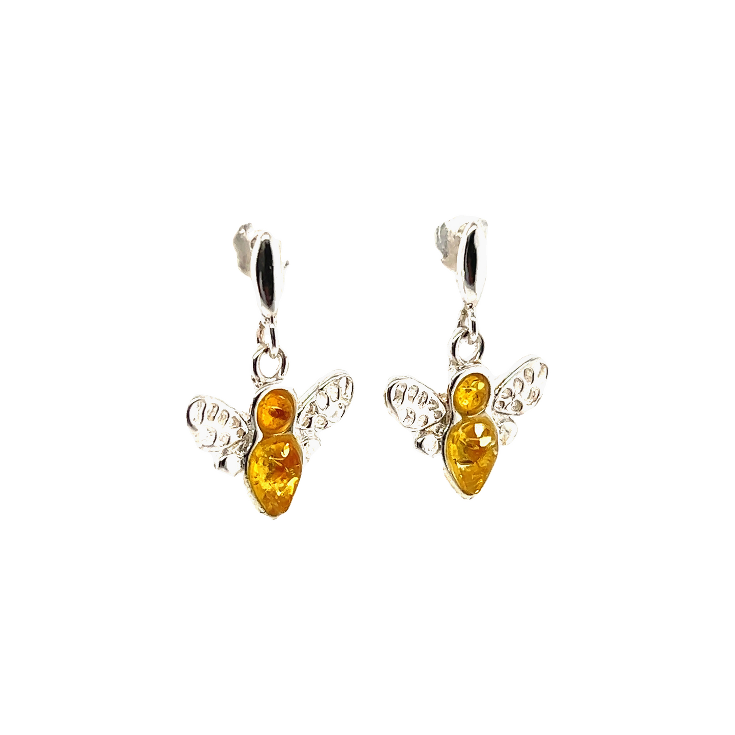 
                  
                    A pair of Cute Amber Bee Earrings by Super Silver on a white background.
                  
                