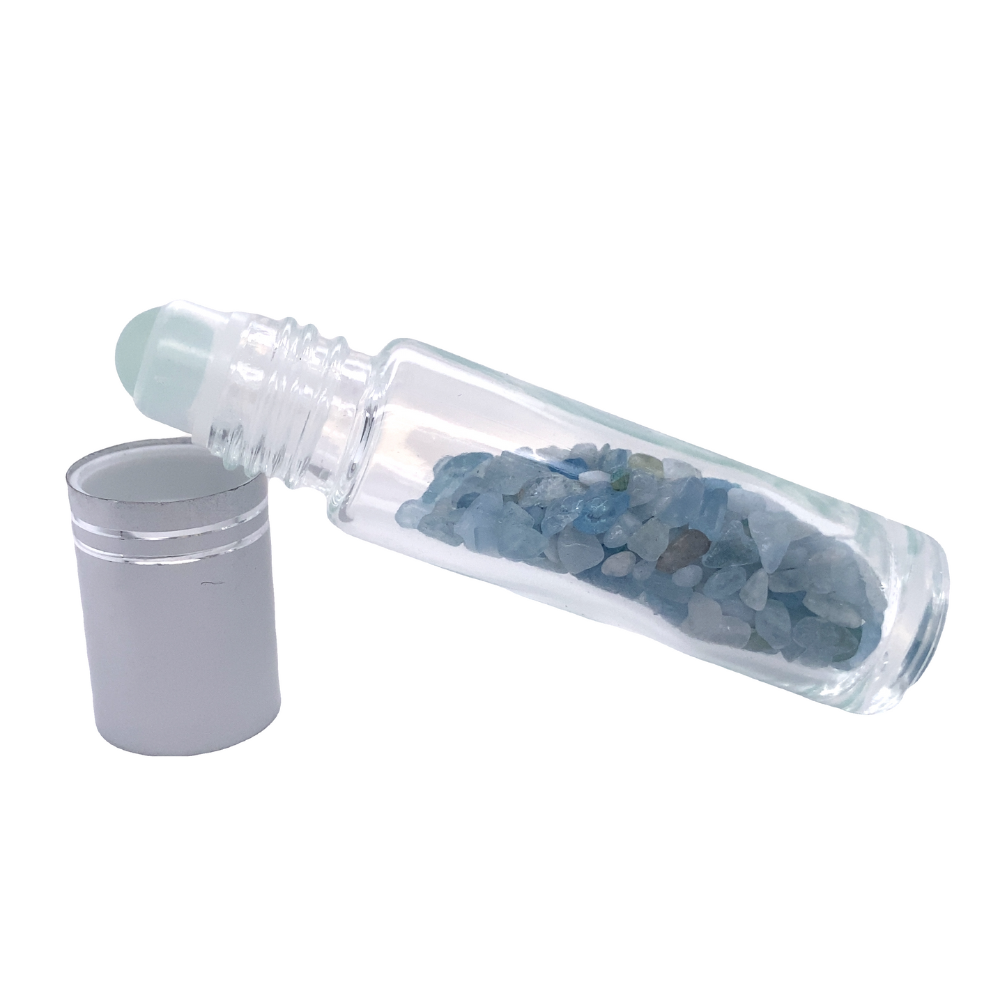 A beautiful glass bottle filled with blue crystals, perfect for self-care and incorporating Stone Essential Oil Roller therapy into your routine.