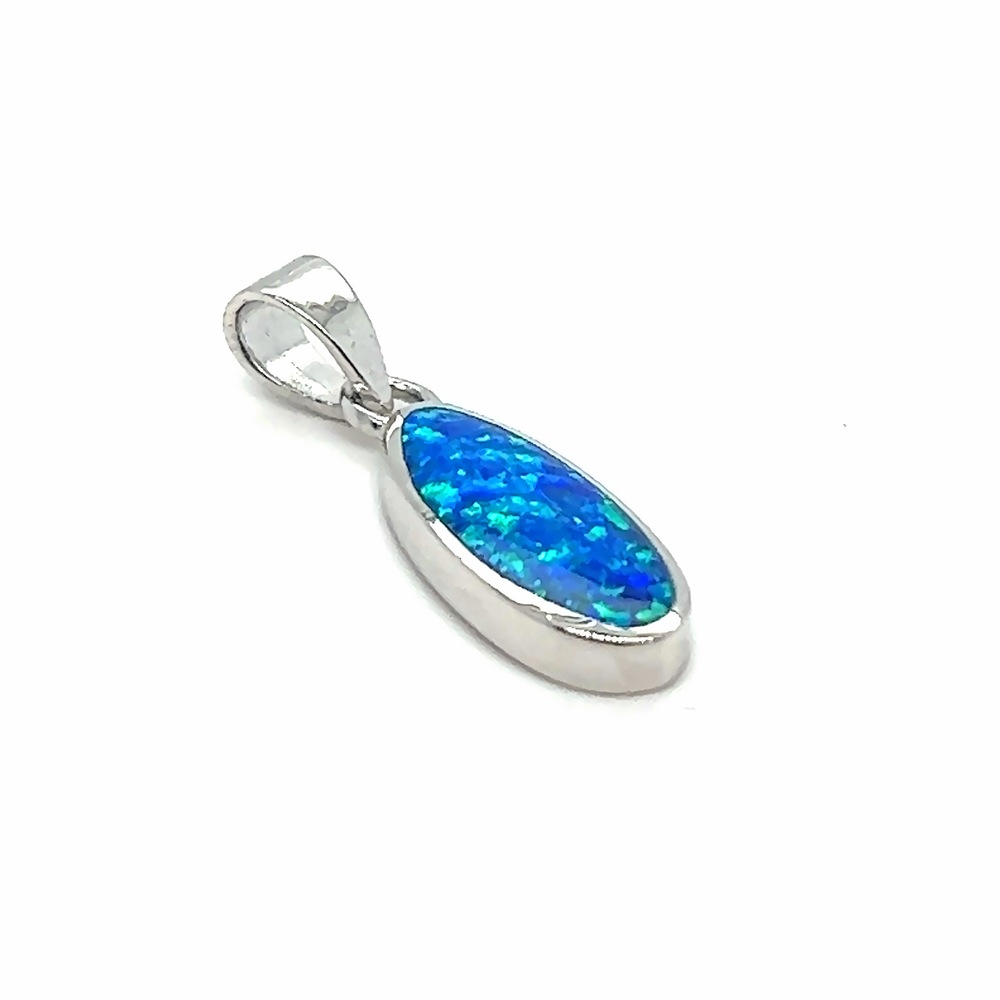A Super Silver Blue Opal Oval Pendant with a rhodium finish.