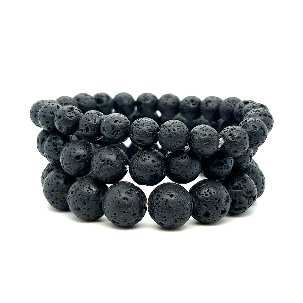 
                  
                    Three Essential Oil Bracelets with Lava Rock Beads, the perfect grounding stone accessories, showcased on a serene white background. (Brand: Super Silver)
                  
                