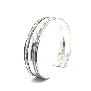 An adjustable size Super Silver cuff bracelet ideal for everyday wear, displayed on a clean white background.