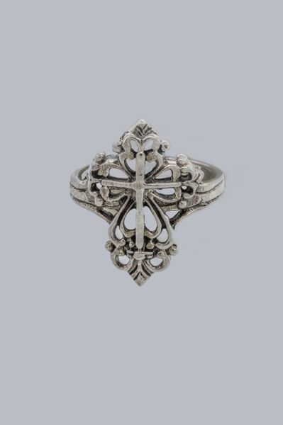 A Super Silver Cross with Cutout Filigree ring with a detailed and ornate design.