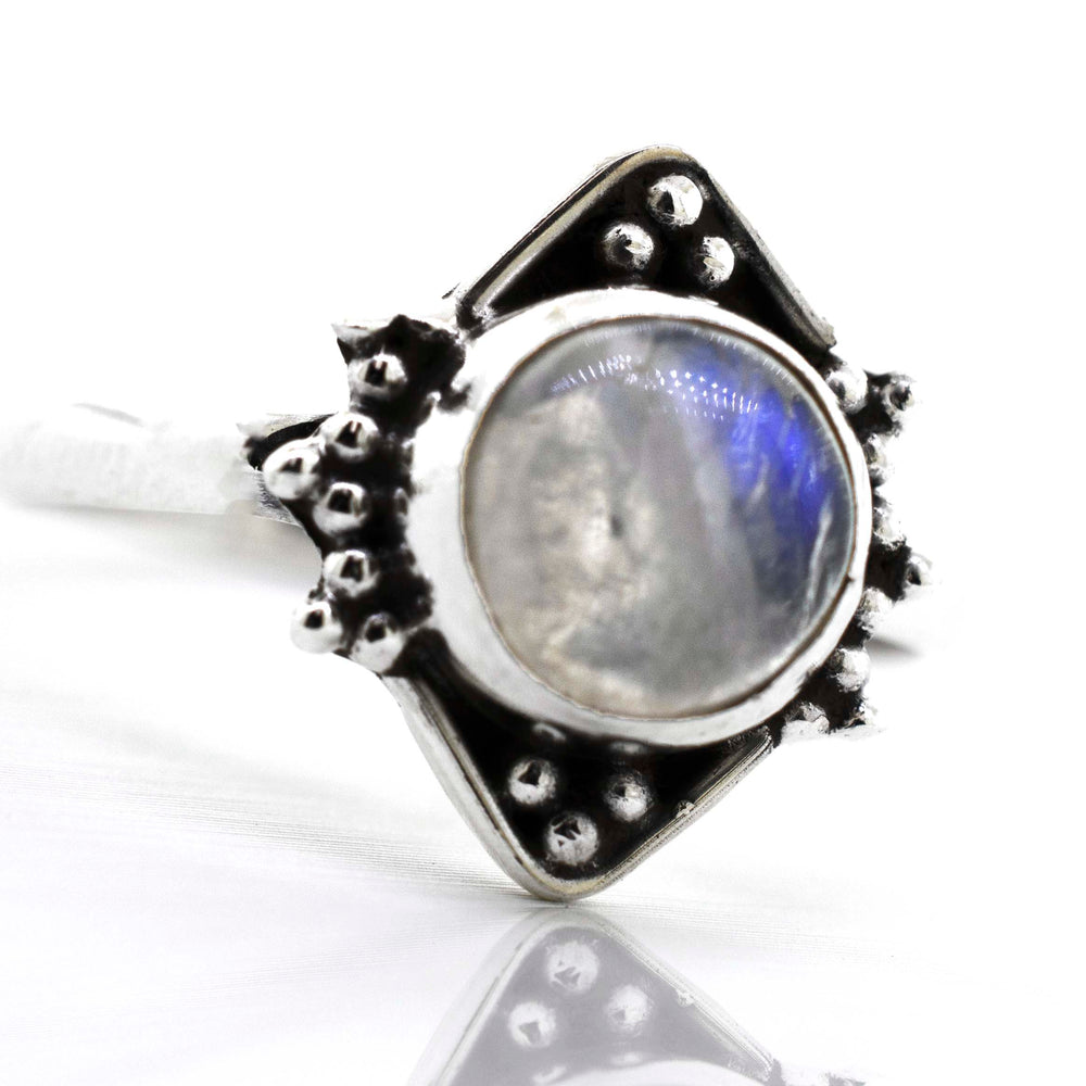 
                  
                    A Super Silver Round Gemstone Ring With Oxidized Diamond Shape Pattern in the center.
                  
                