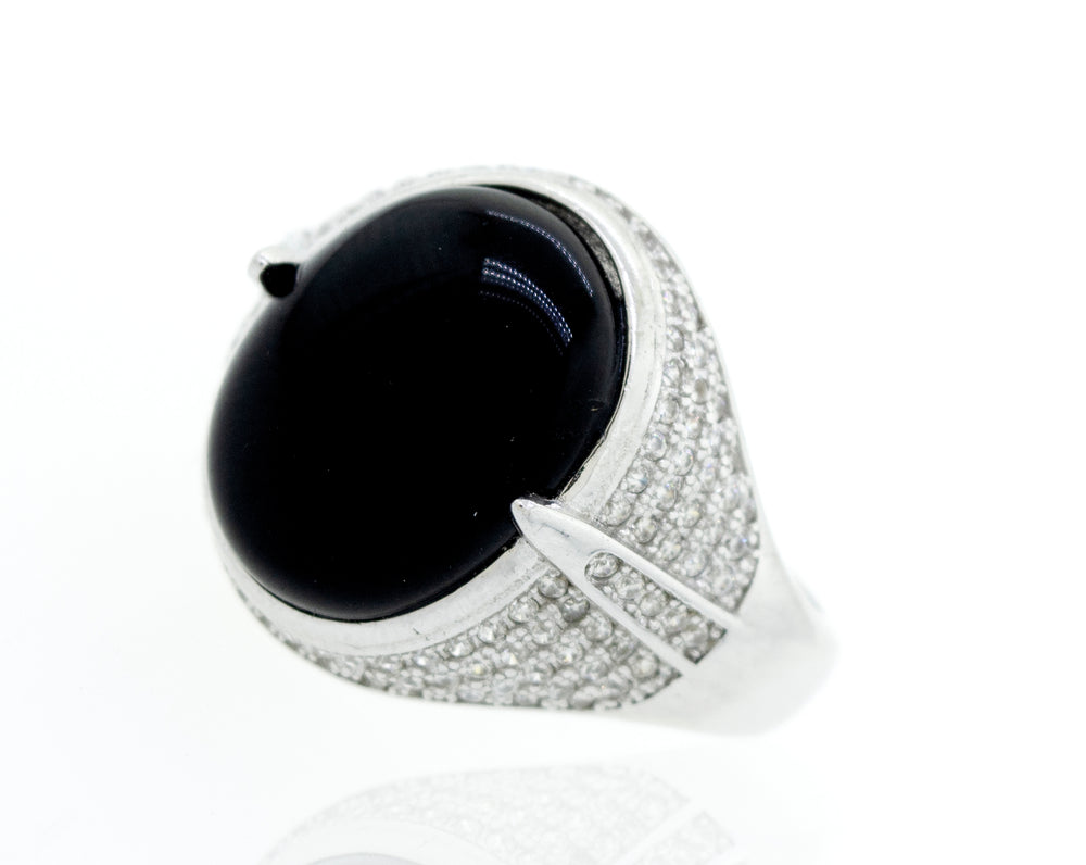 An elegant onyx and cubic zirconia ring.