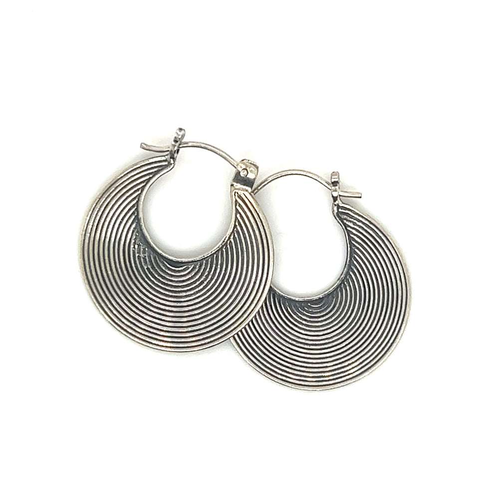 A pair of Super Silver Textured Flat Bali Hoops on a white background.