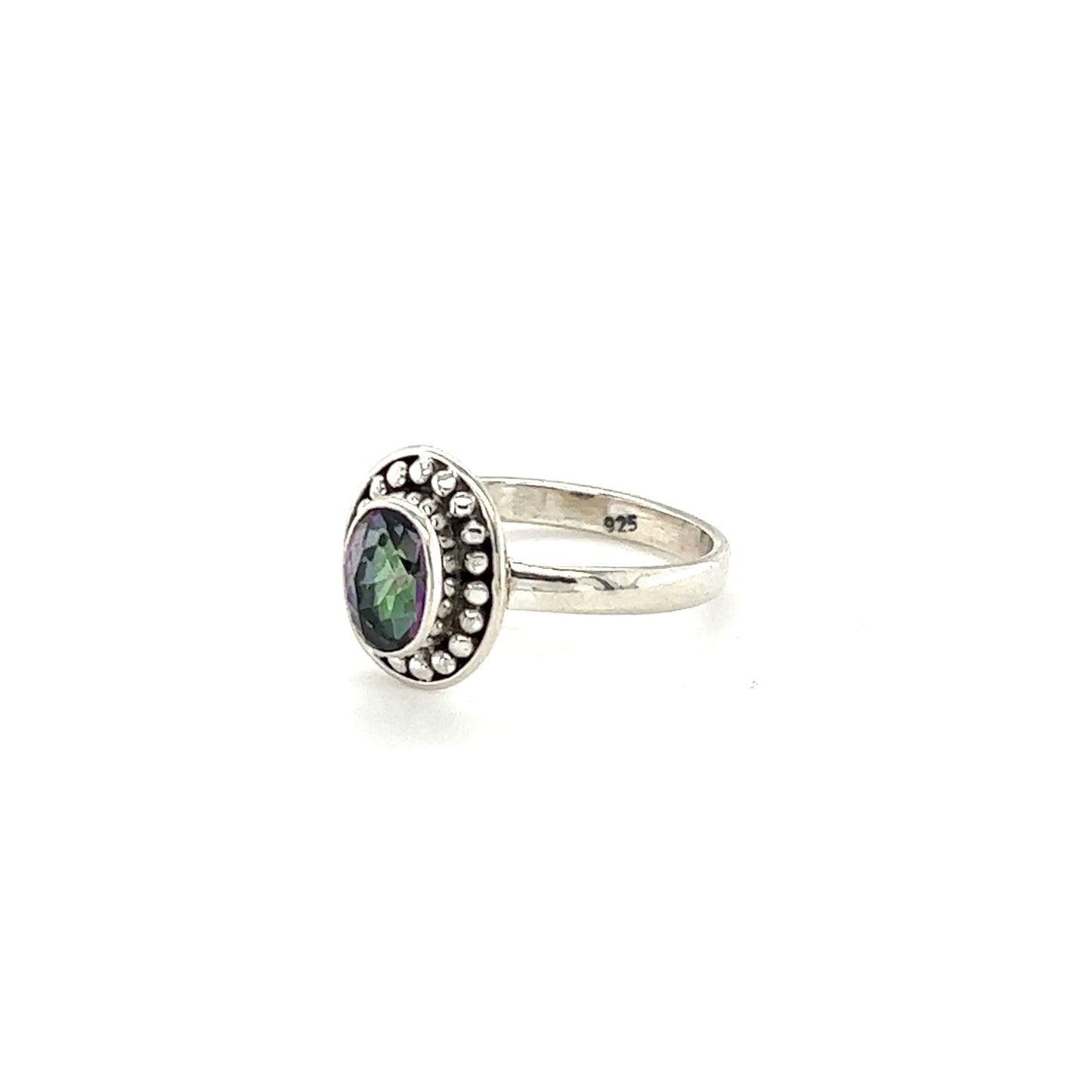 A sterling silver Oval Gemstone Ring with Ball Disk Border, perfect for the bohemian hippie in Santa Cruz.