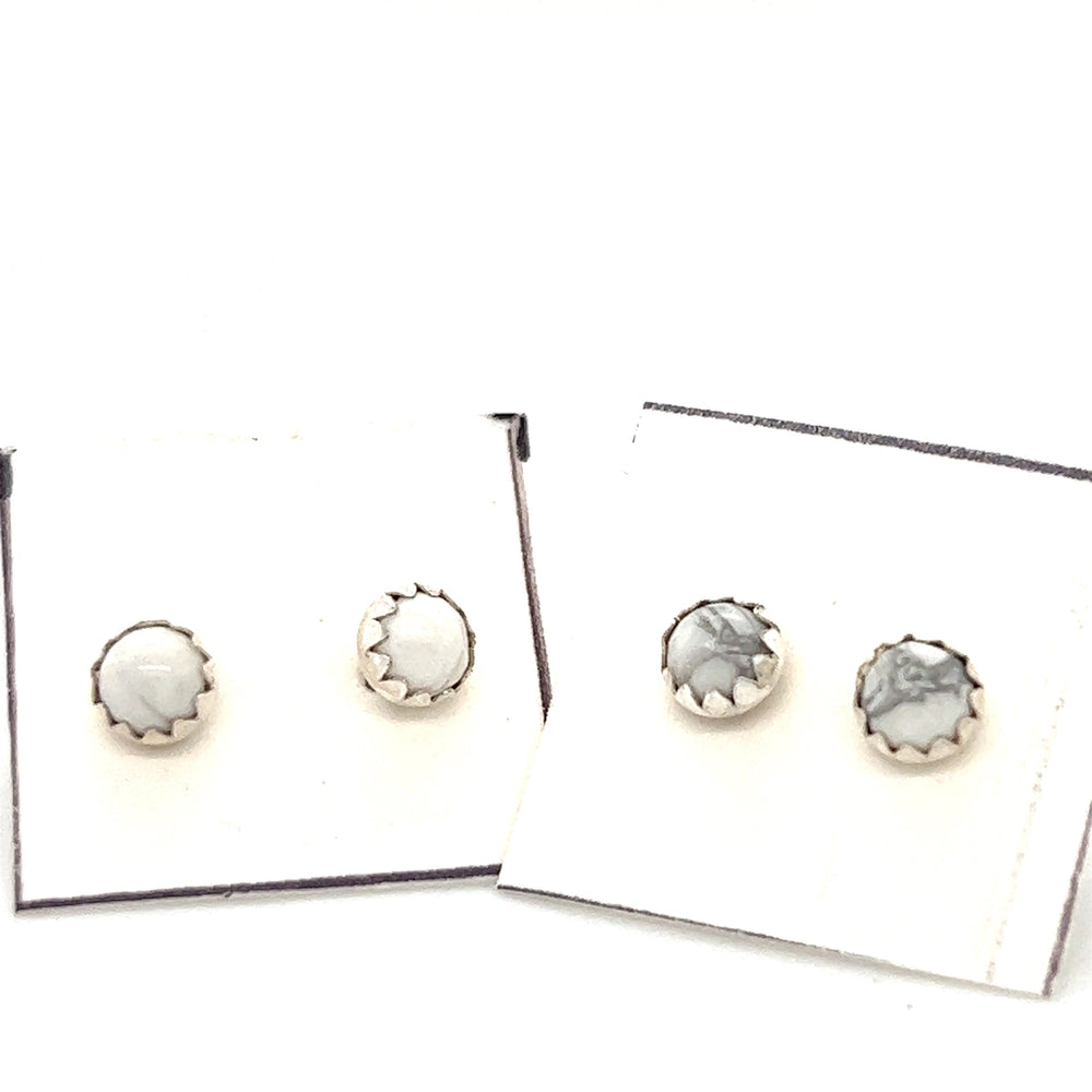
                  
                    Super Silver's Handcrafted White Buffalo Studs are delicately crafted in Native American style on a white background.
                  
                