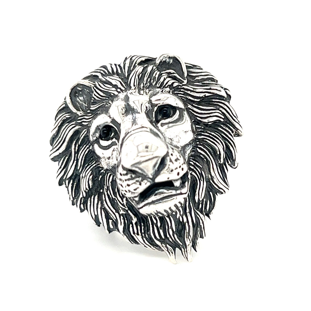 An adjustable artisan detailed Bold Lion Head Ring on a white background.