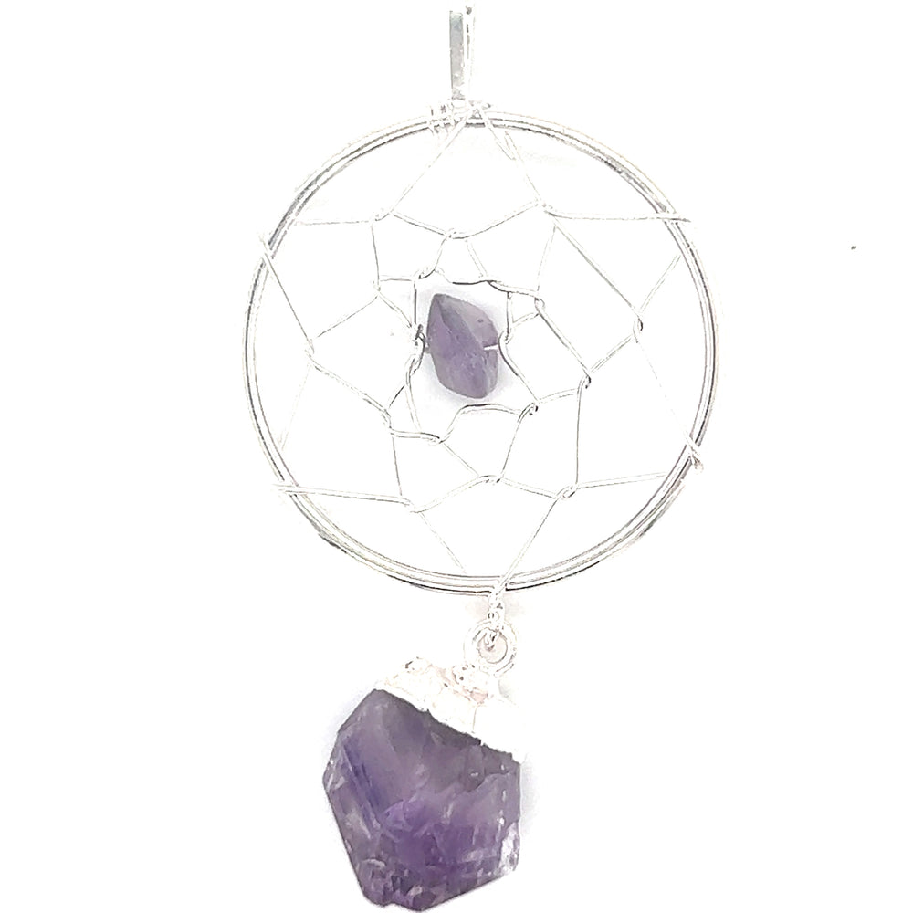 
                  
                    Super Silver's Dreamcatcher Pendant with Gemstone Point showcasing a raw crystal droplet.
                  
                