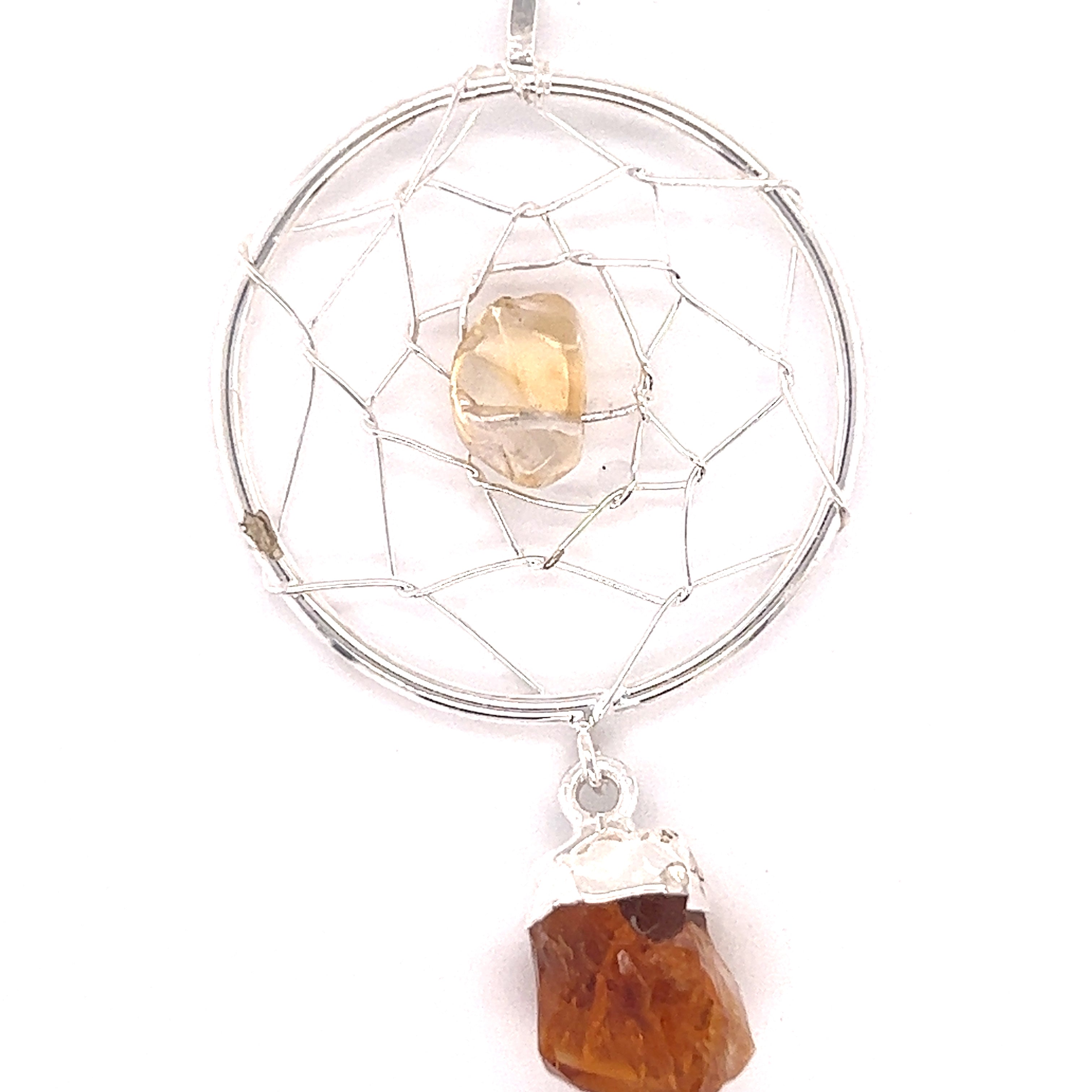 A Dreamcatcher Pendant with Gemstone Point adorned with a citrine gemstone, by Super Silver.