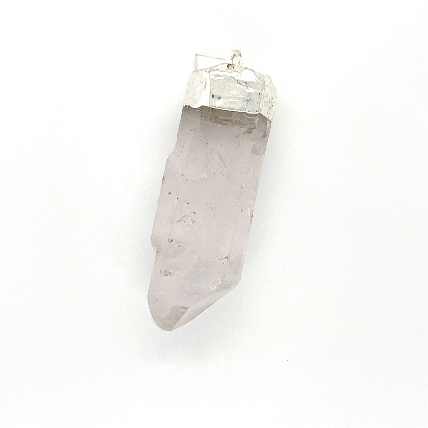 
                  
                    A Super Silver raw crystal pendant with silver cap hanging on a white background.
                  
                