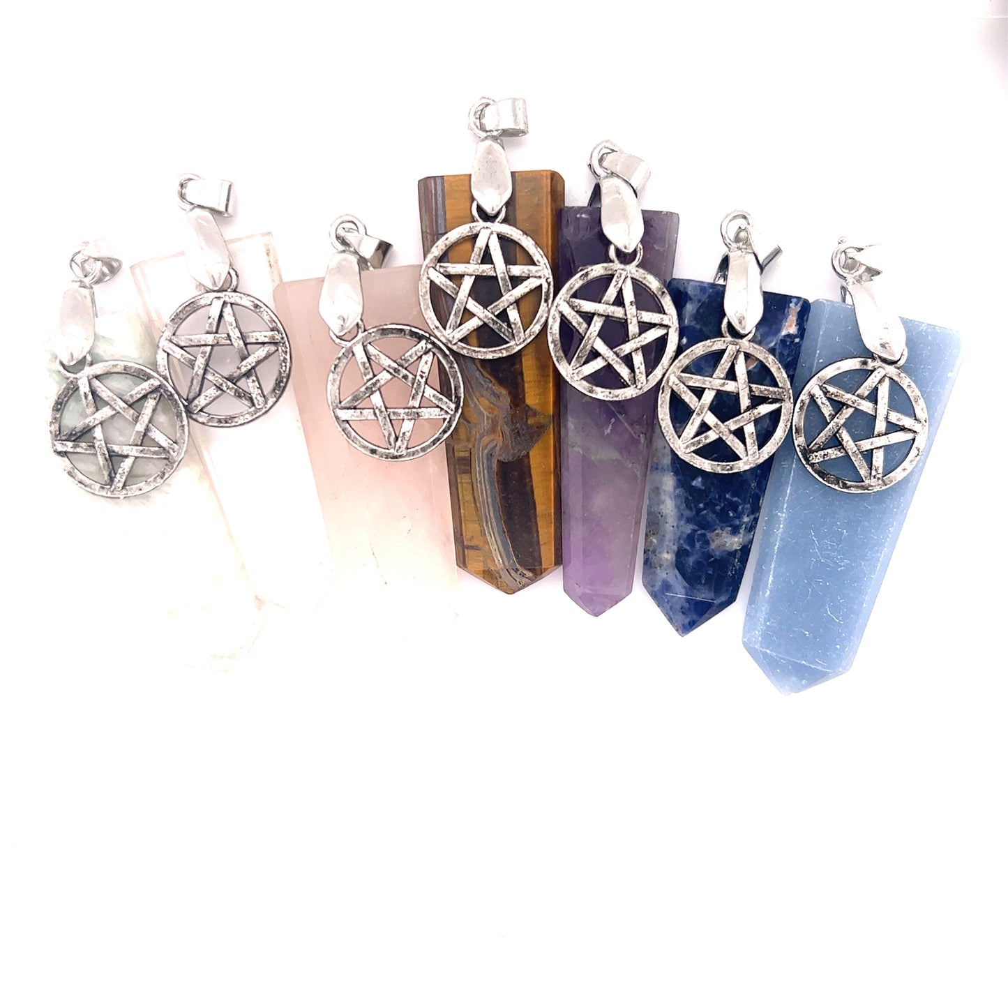 Four Super Silver Pentagram Stone Slab Pendants featuring a variety of stones on a white background.