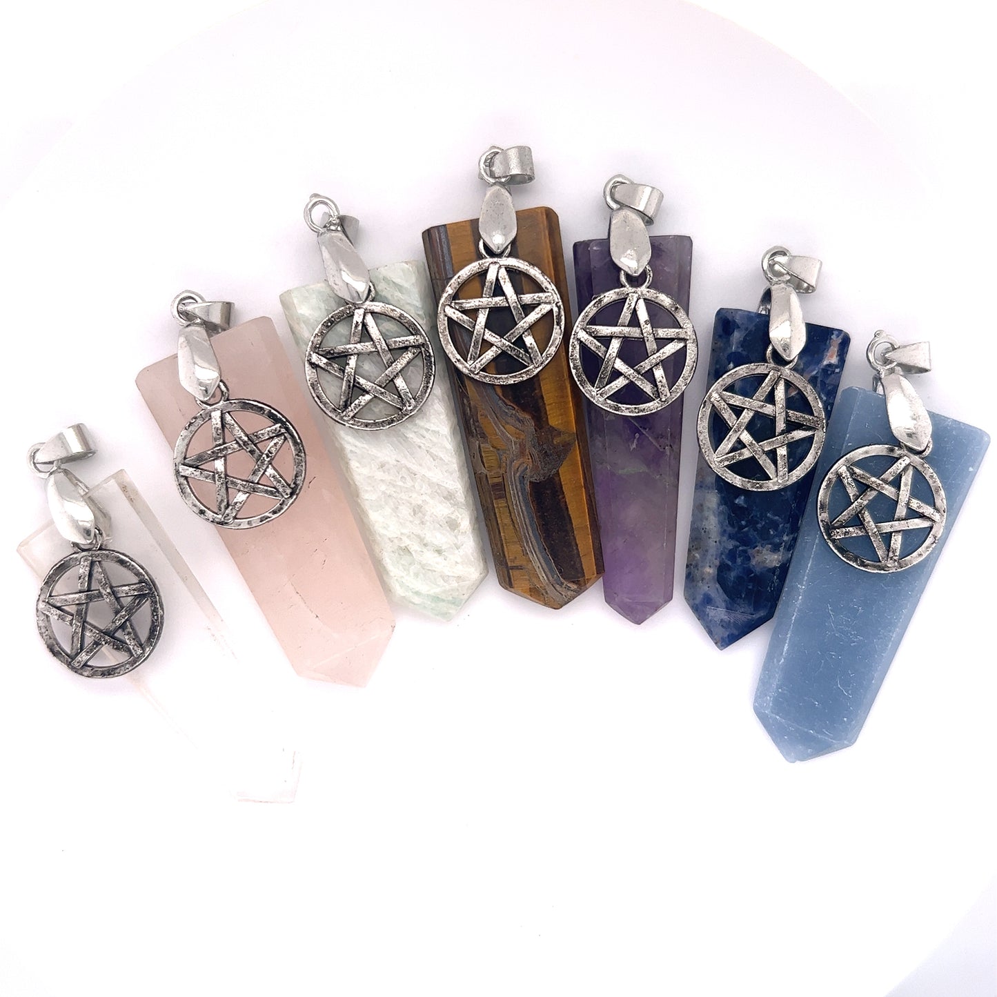 Five Super Silver Pentagram Stone Slab Pendants, featuring a variety of stones, displayed on a white background.