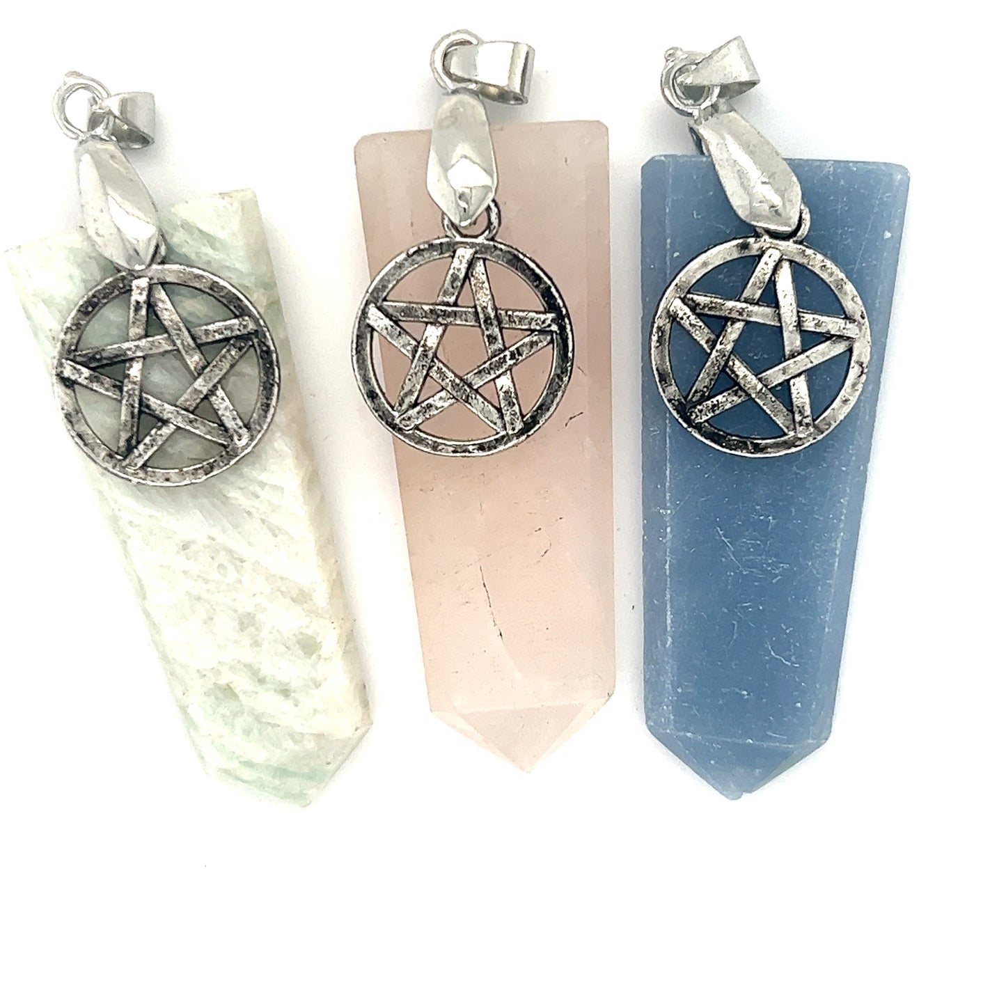 
                  
                    Three Super Silver Pentagram Stone Slab Pendants with a variety of stones.
                  
                
