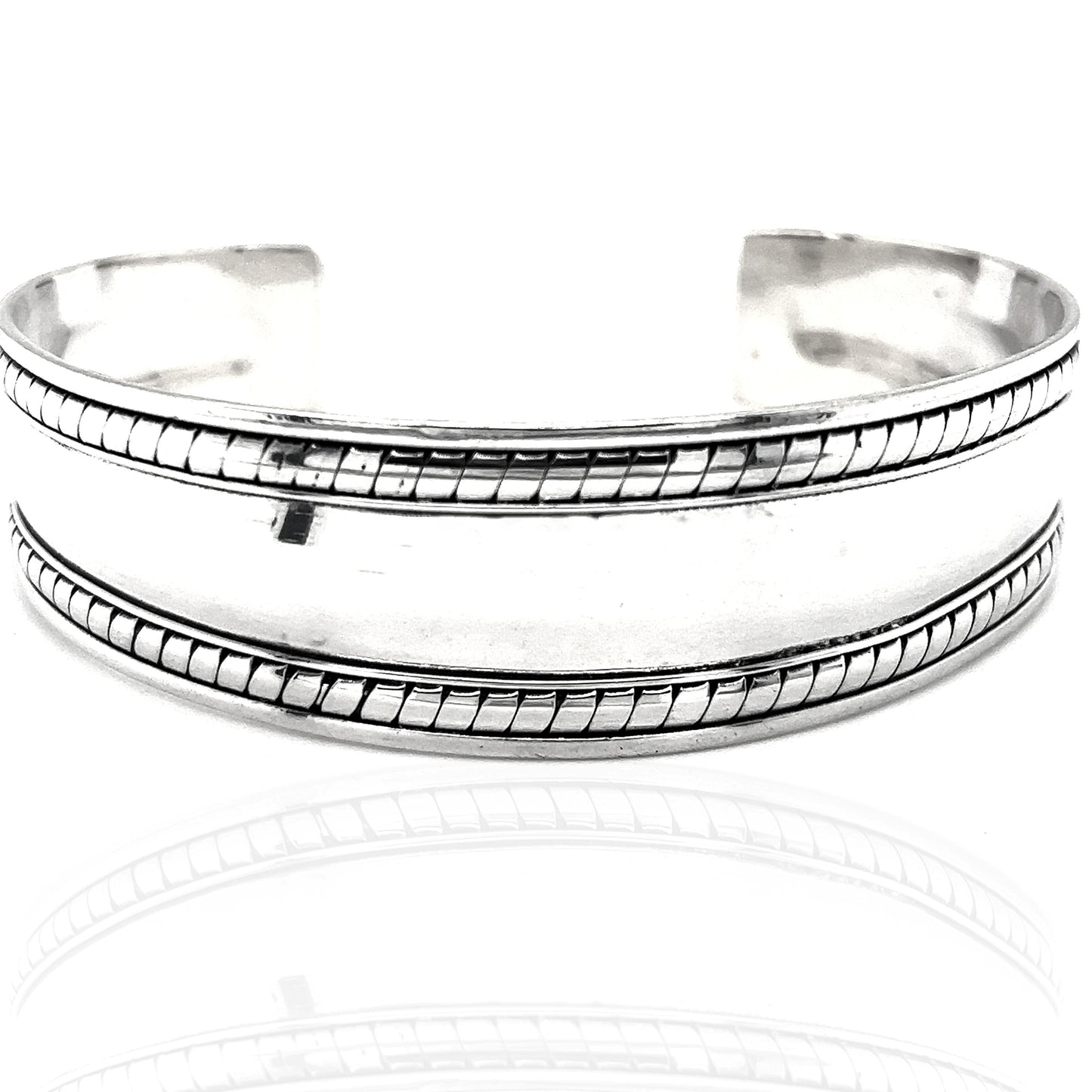 A Super Silver Domed Silver Cuff Bracelet with Rope Etching, perfect for everyday wear.