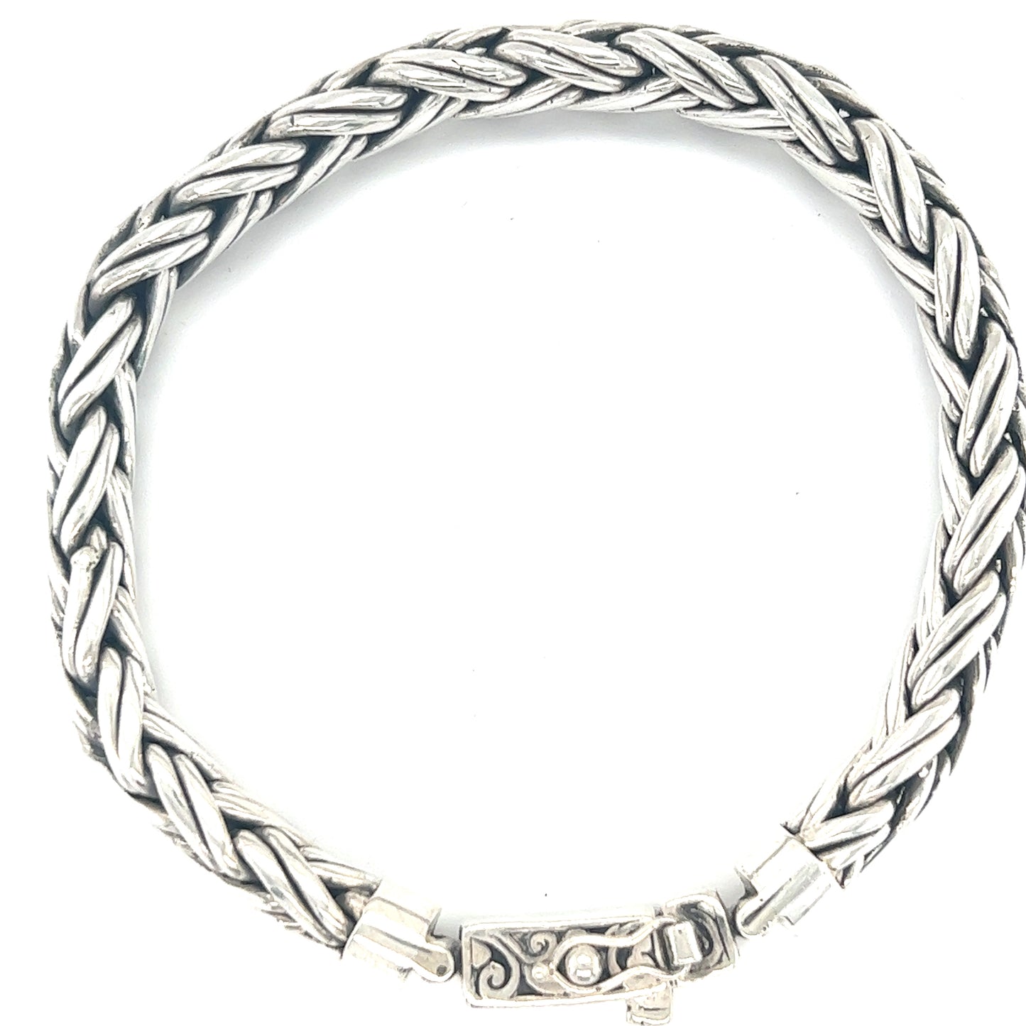 
                  
                    A conversation starter, this Super Silver Heavy Double Strand Braided Bracelet with a clasp is a statement piece.
                  
                