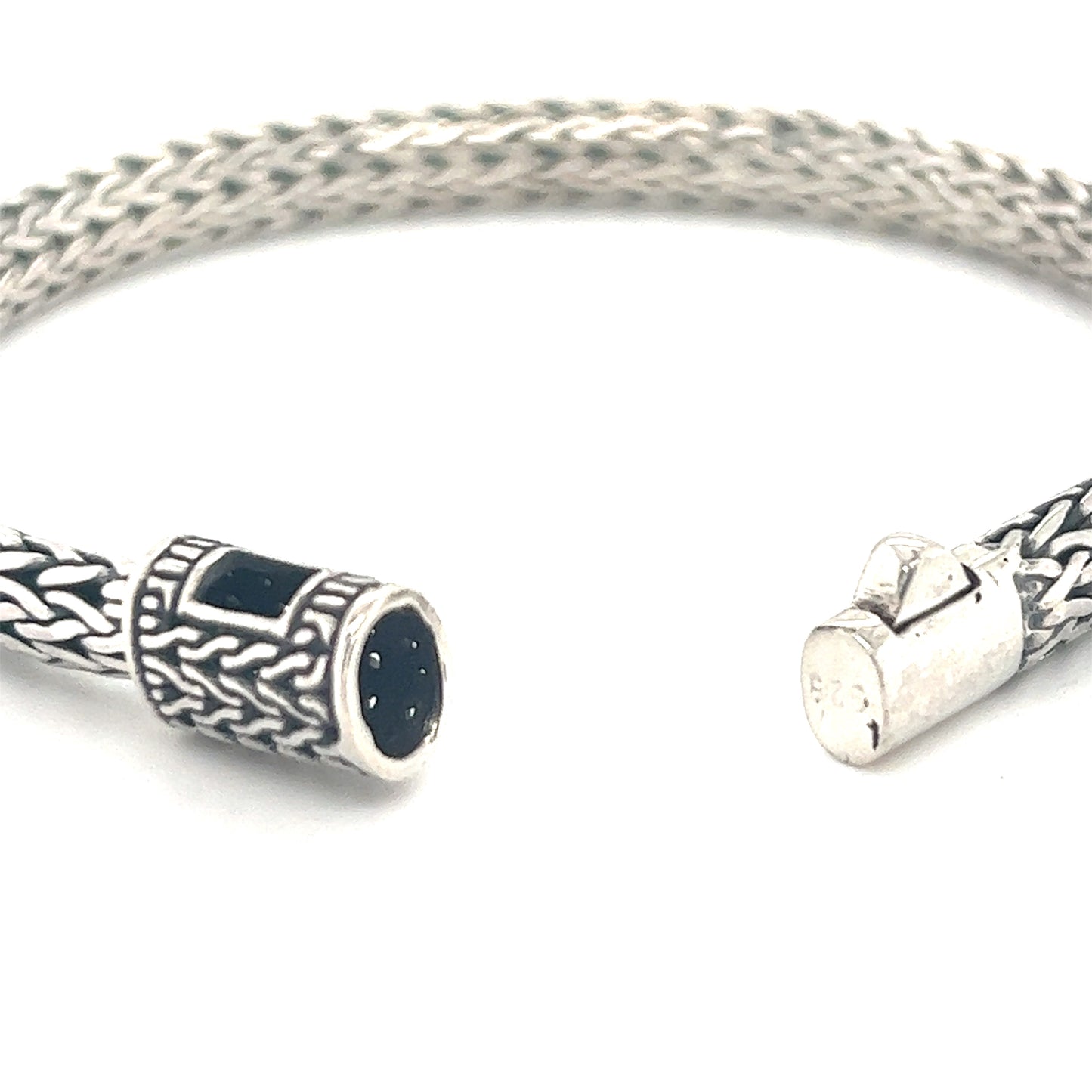 A comfortable 4X6MM Braided Rope Bracelet by Super Silver with a black stone on it.