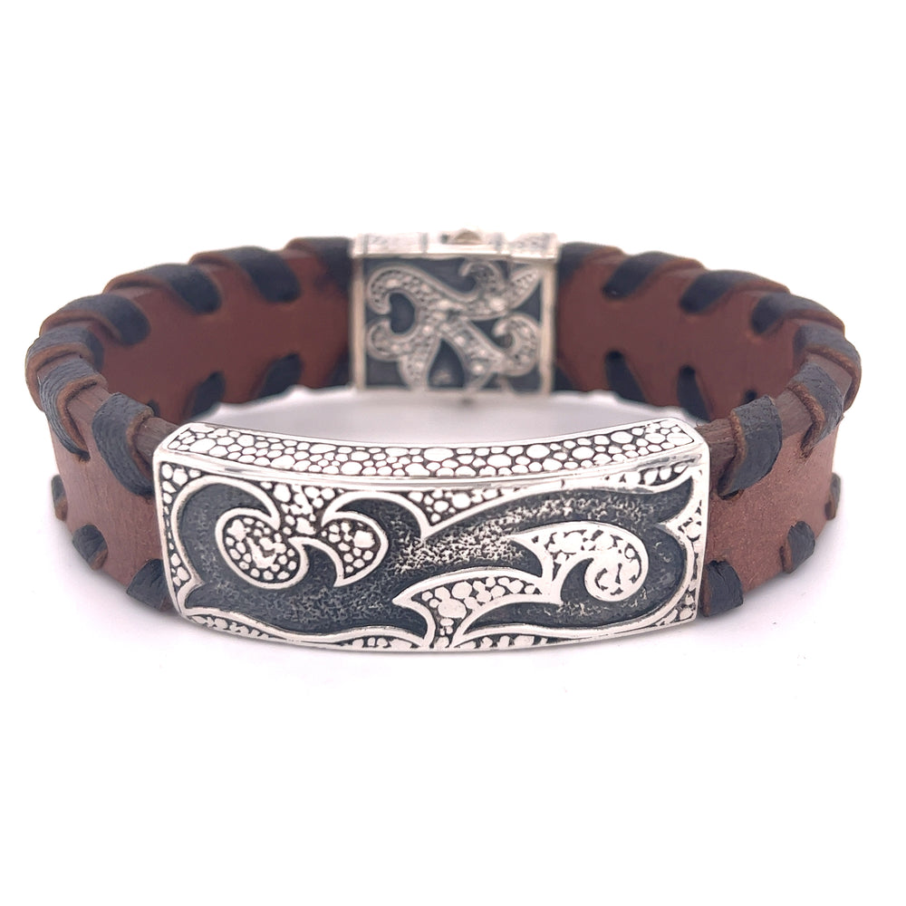 A unique Tribal Leather Bracelet with an ornate design from the Super Silver brand.