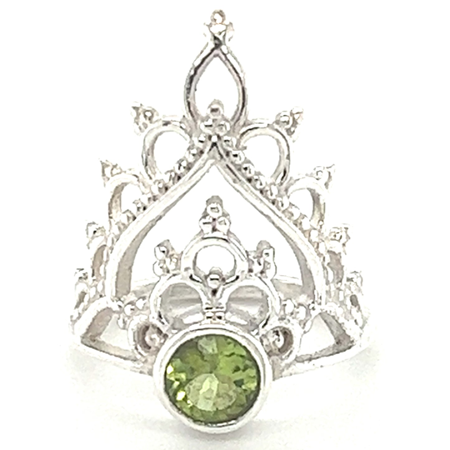 
                  
                    A silver Henna crown ring adorned with a stunning peridot gemstone in the center, from Super Silver.
                  
                