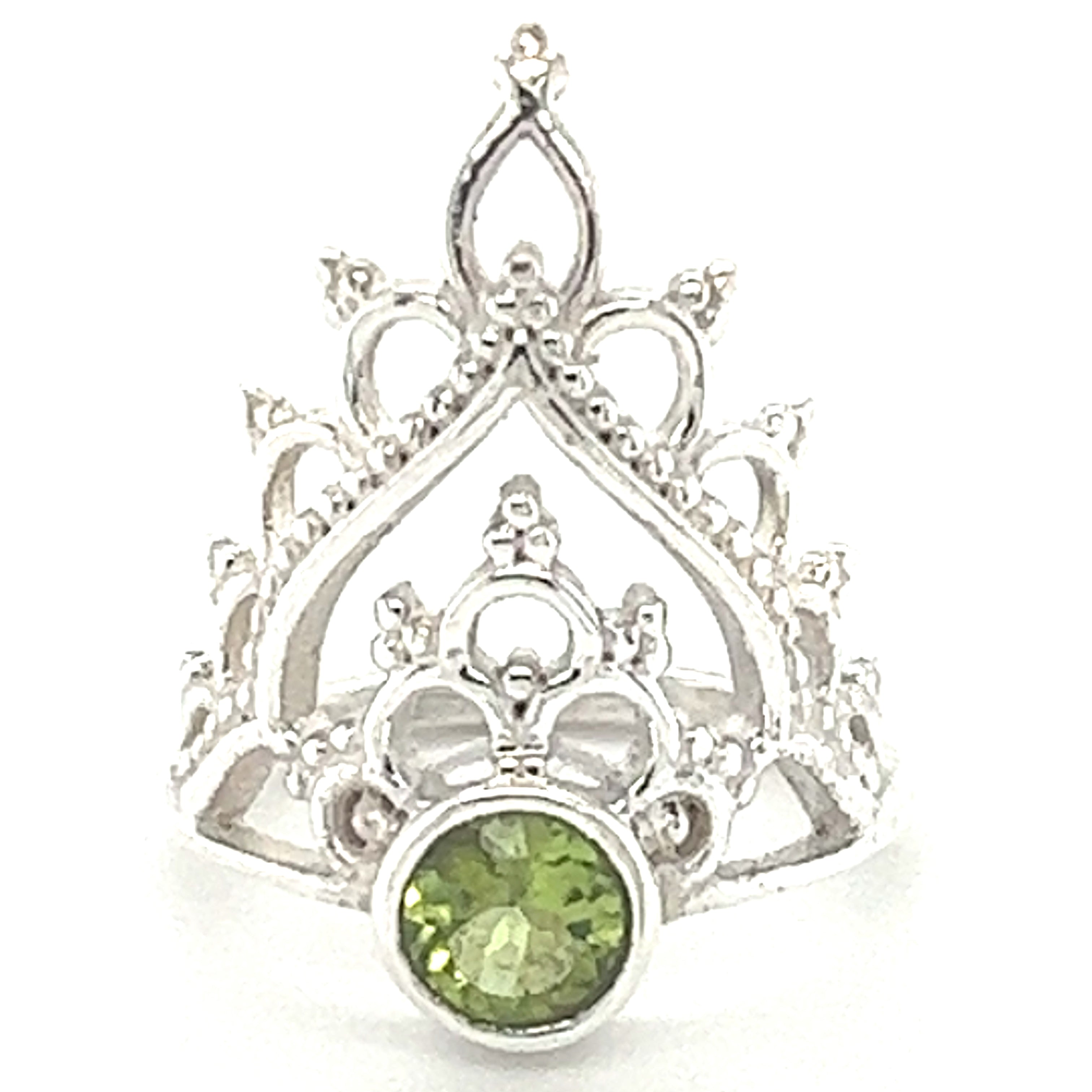A silver Henna crown ring adorned with a stunning peridot gemstone in the center, from Super Silver.