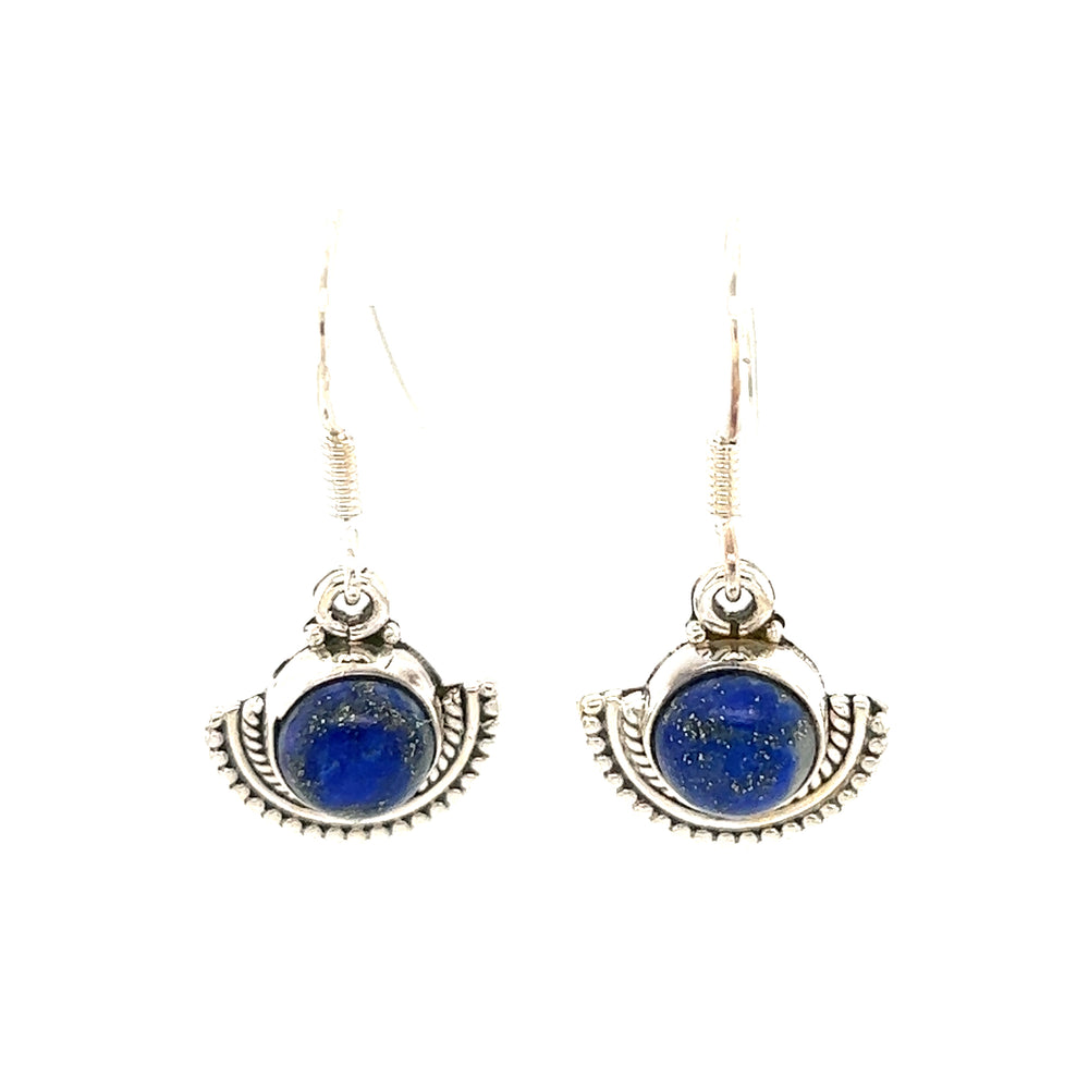 
                  
                    A pair of Super Silver Round Gemstone Earrings with Fan Setting featuring lapis stones in a rustic silver fan-like setting.
                  
                