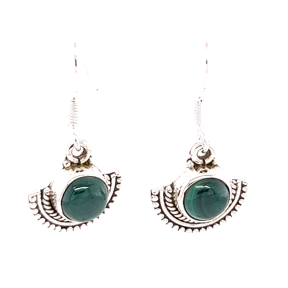 
                  
                    Groovy Super Silver round gemstone earrings with a green round stone.
                  
                