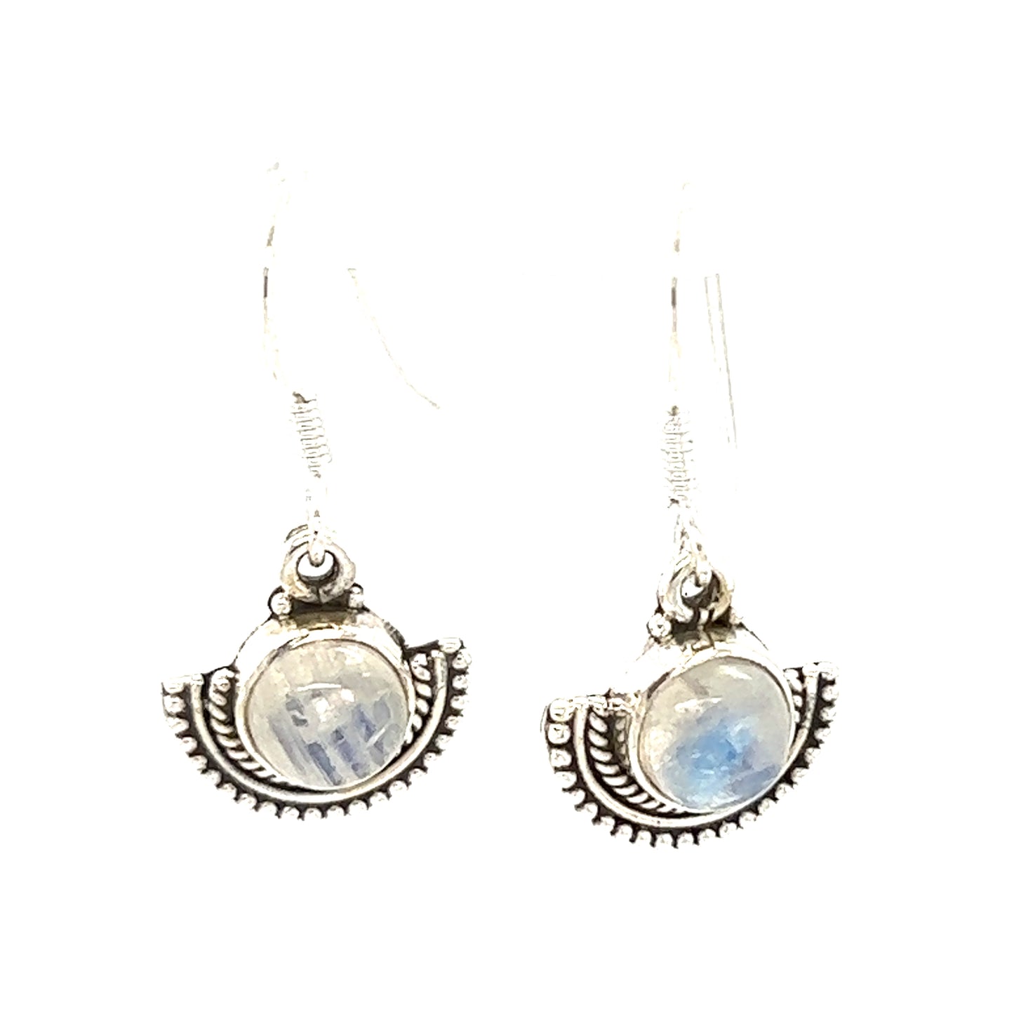 
                  
                    Groovy Round Gemstone Earrings with moonstones set in Super Silver fan-like settings.
                  
                