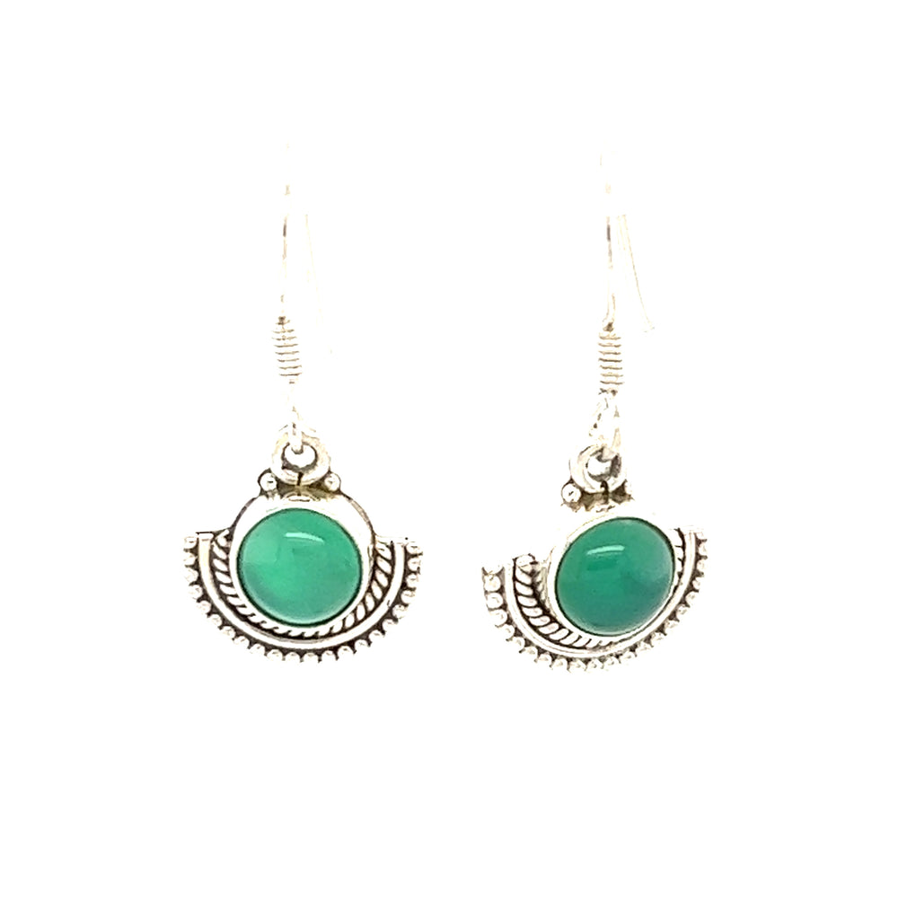 
                  
                    Groovy Super Silver round gemstone earrings with a green round stone, nestled in a rustic silver fan-like setting.
                  
                