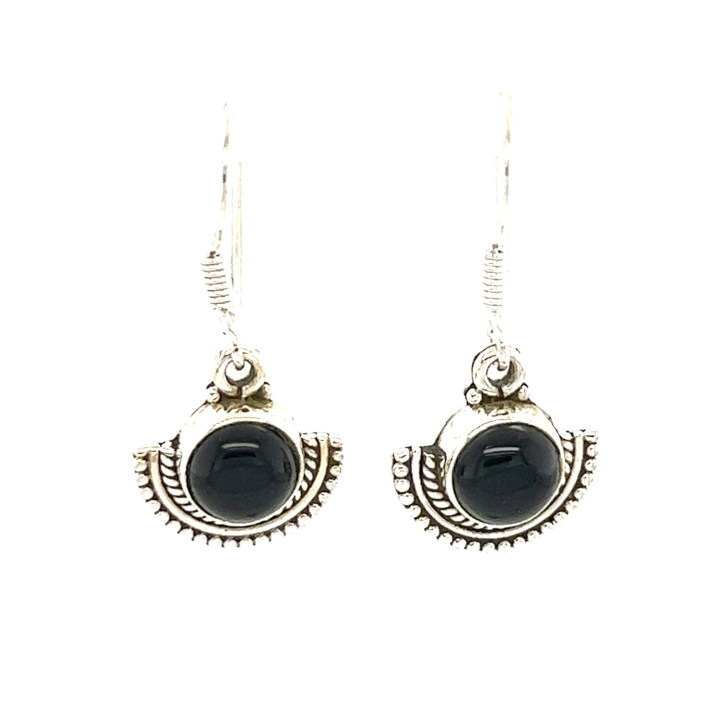 
                  
                    Super Silver's Round Gemstone Earrings with Fan Setting, showcased against a white background, exude a groovy black onyx elegance.
                  
                