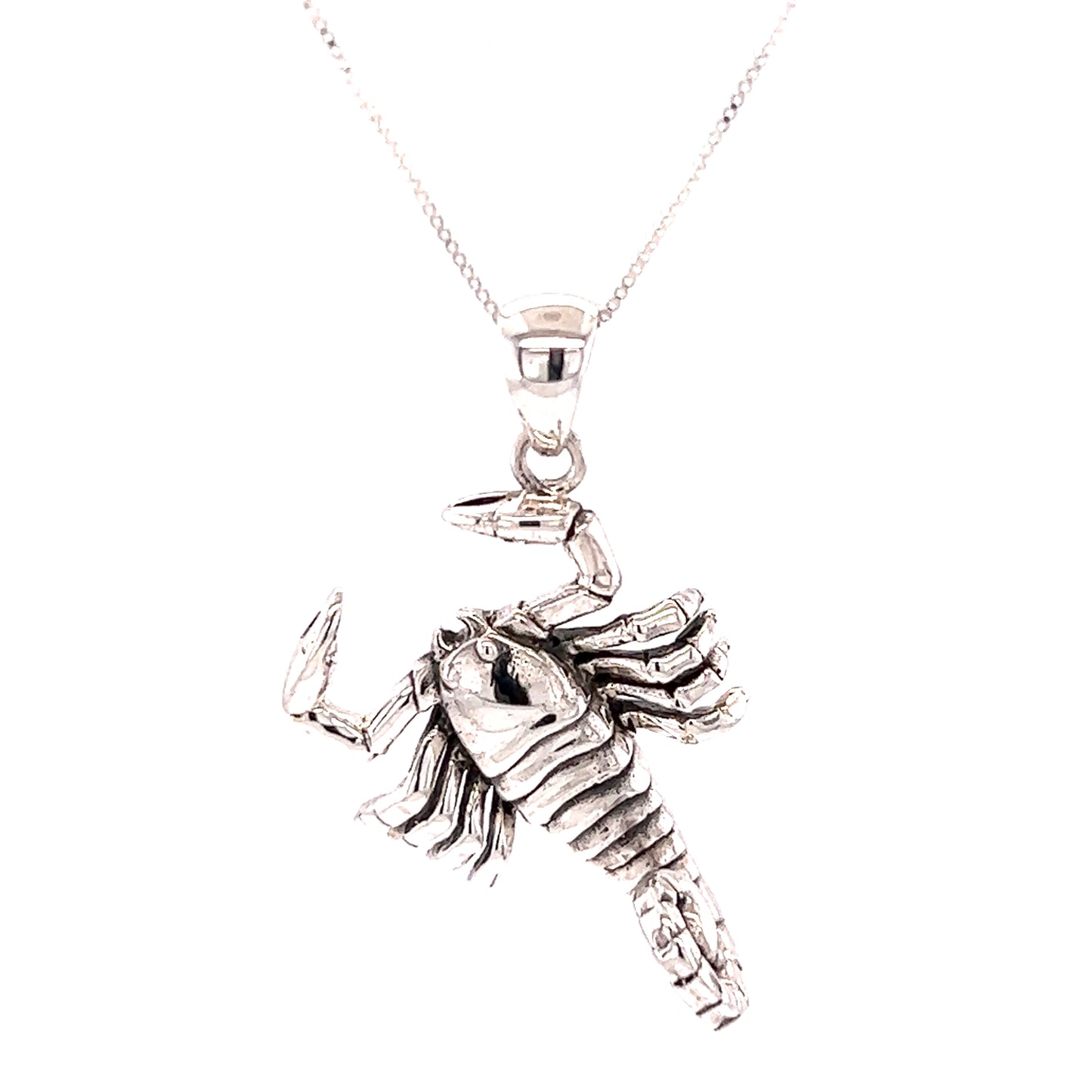 
                  
                    A Super Silver handcrafted scorpion pendant on a chain.
                  
                