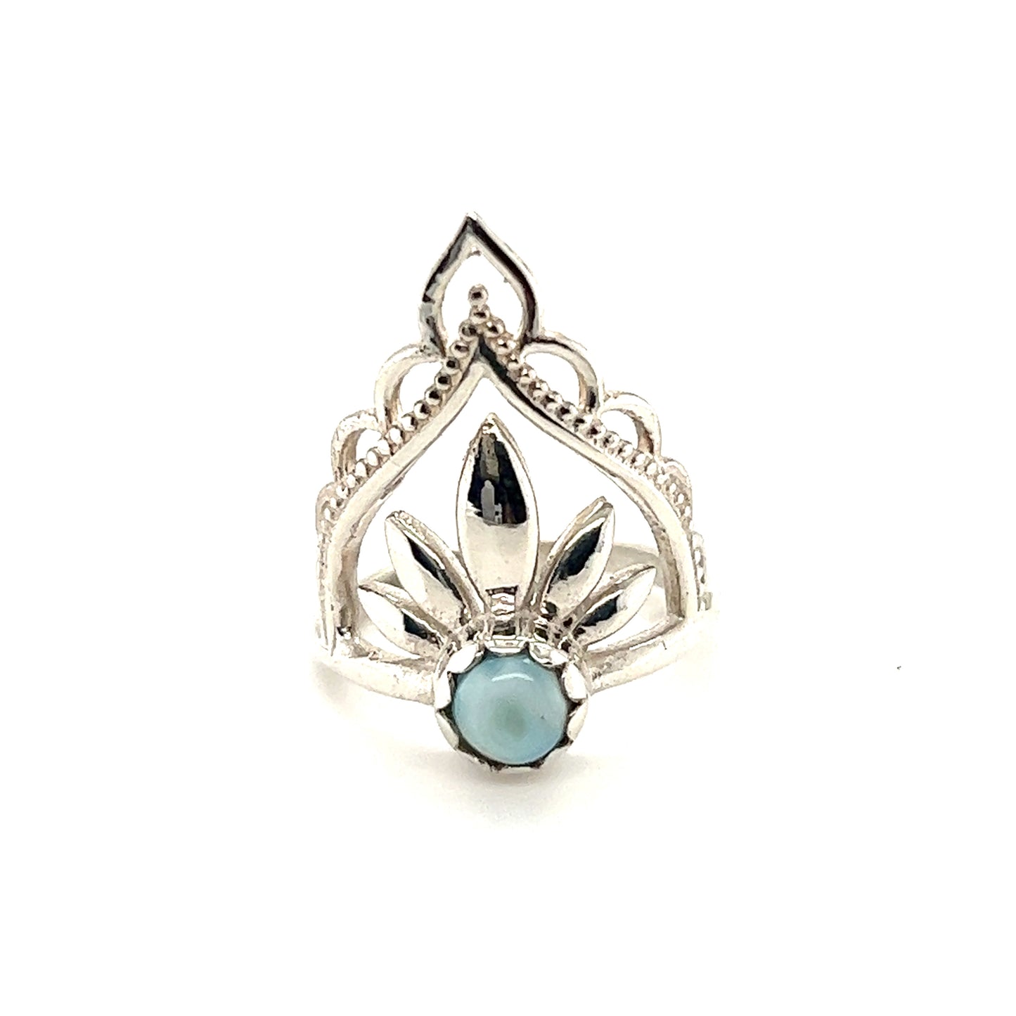 
                  
                    A Mandala Flower Crown Ring with Natural Gemstones by Super Silver, adorned with a natural turquoise stone.
                  
                